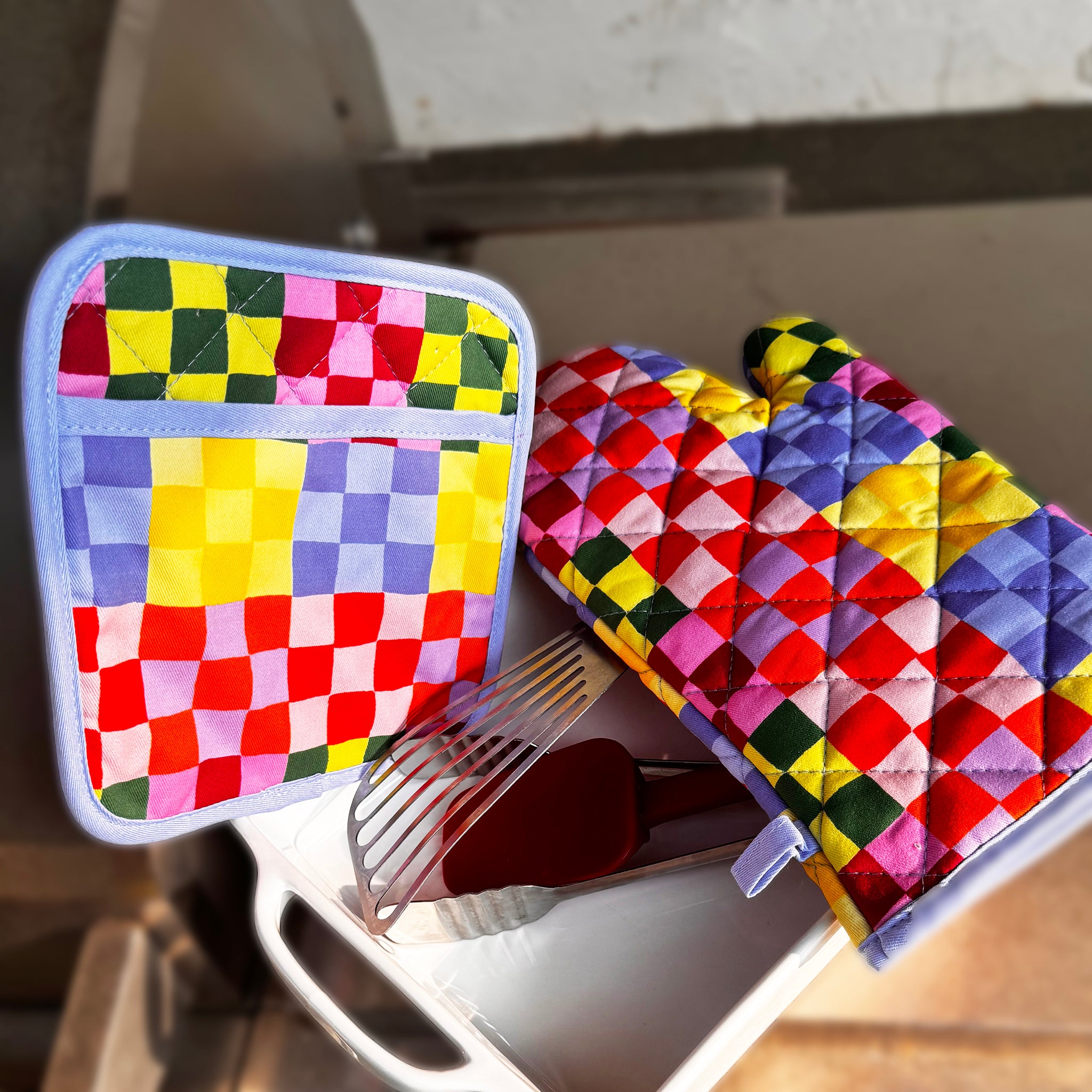 Rainbow Check Mitt & Pot Holder Set