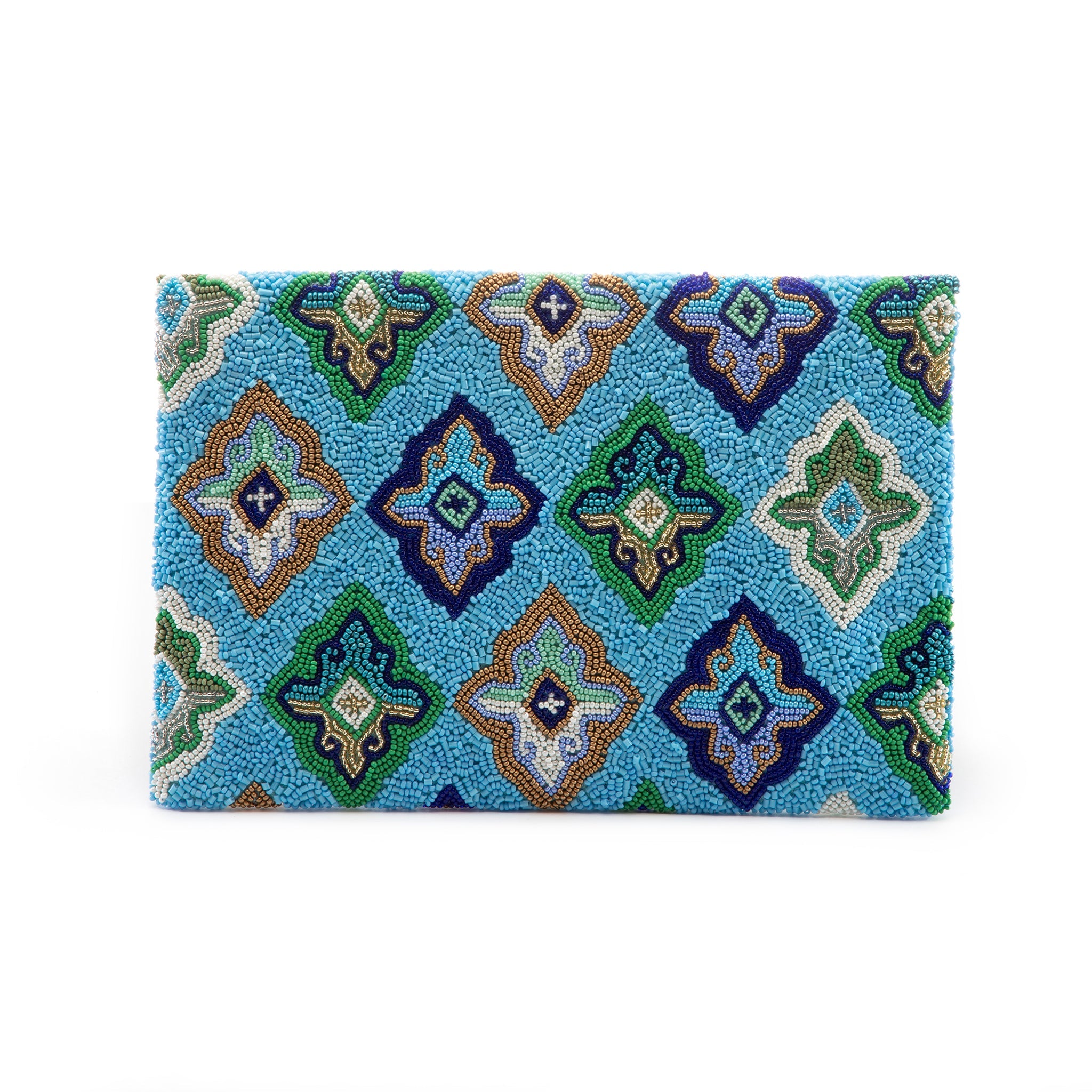 Maurya Hand-Beaded Clutch Turquoise Elegance with Diamond-Shaped Accents