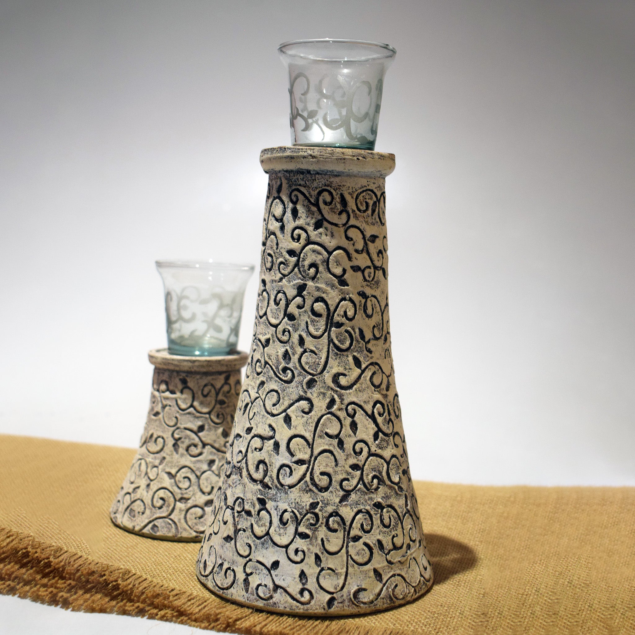 Arabesque Candle holders – Intricate, Earthy Design with Glass Votive