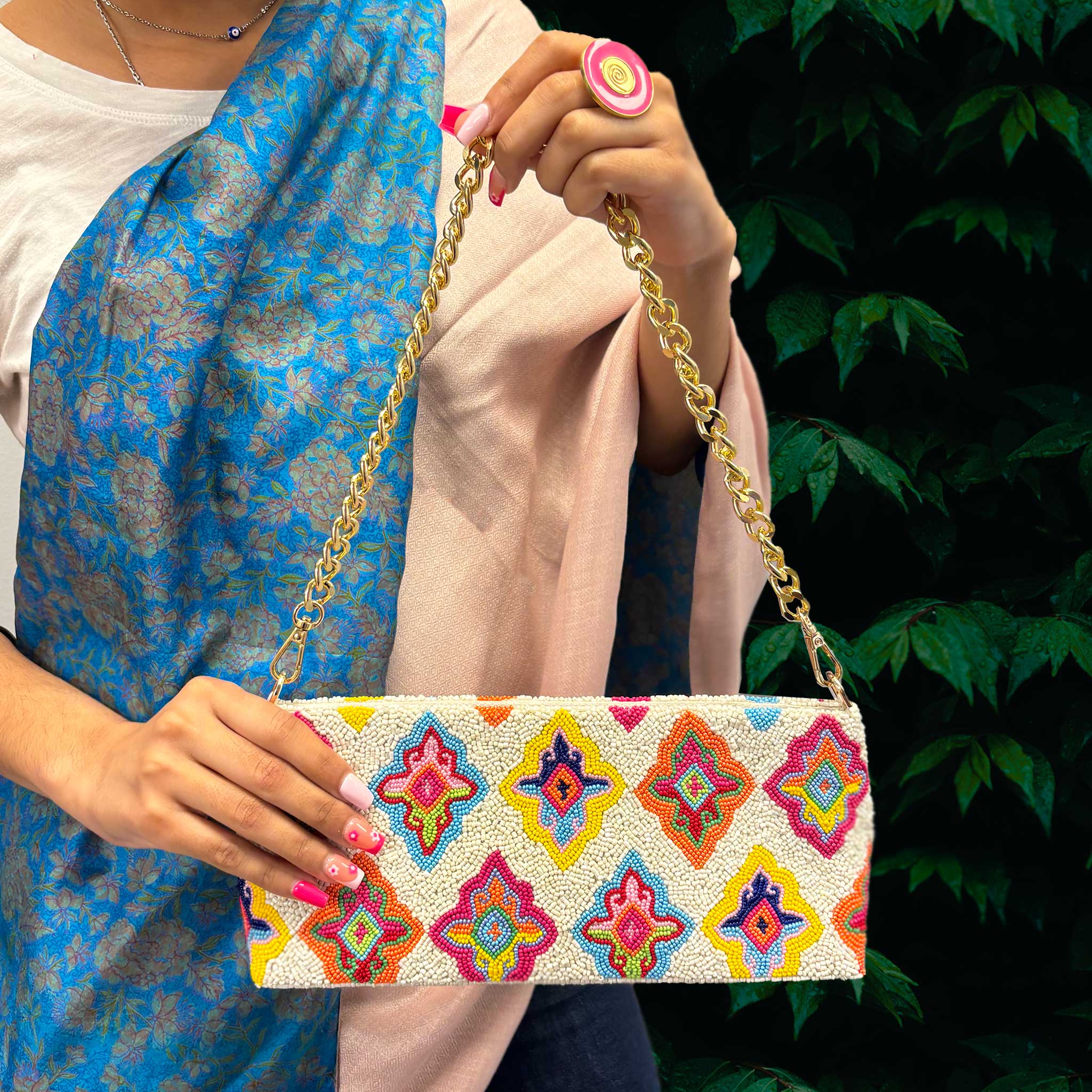 Ashoka Clutch - Bright Beaded Diamonds and Gold Chain, Summer Ready