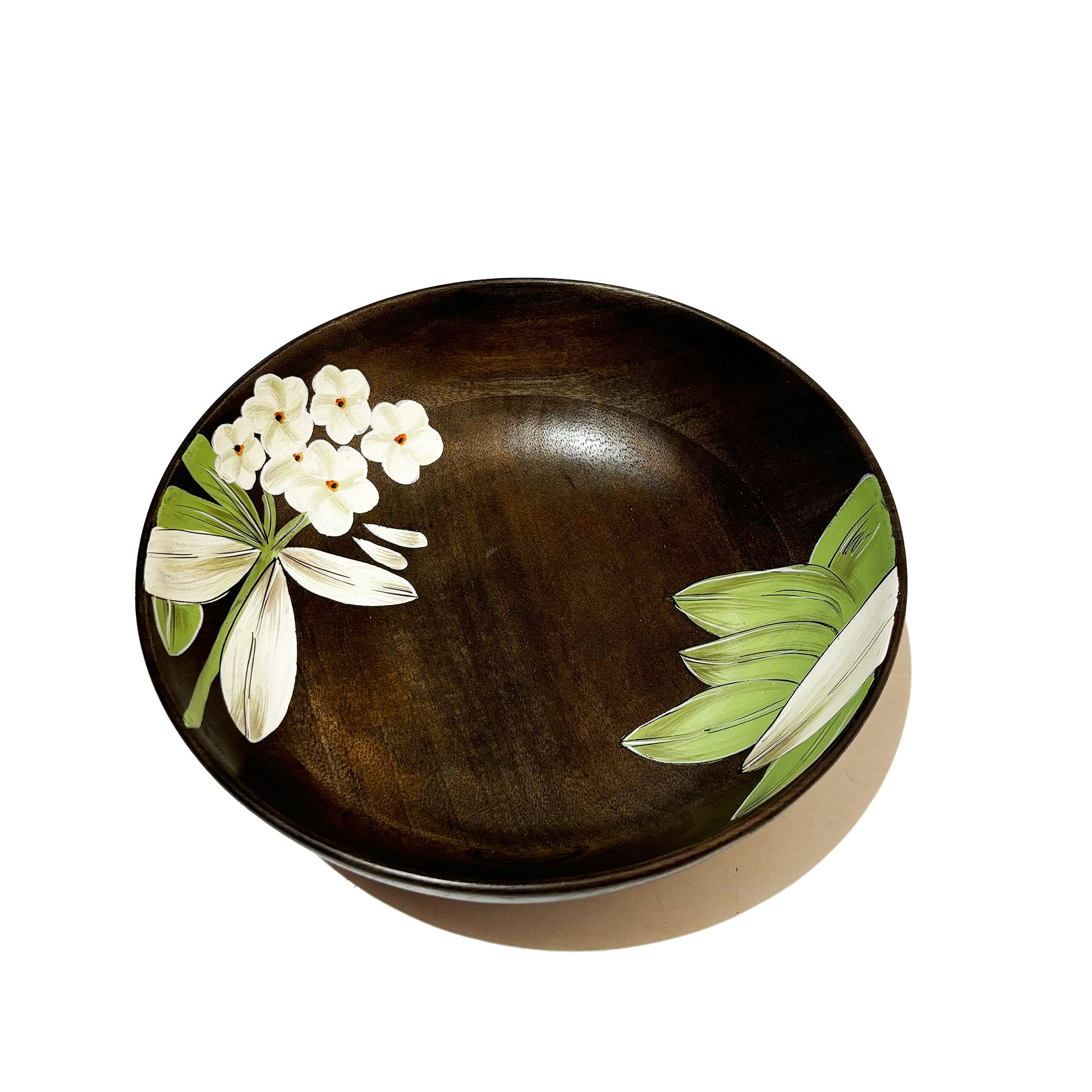 Dark Wooden Bowl with Floral Accents