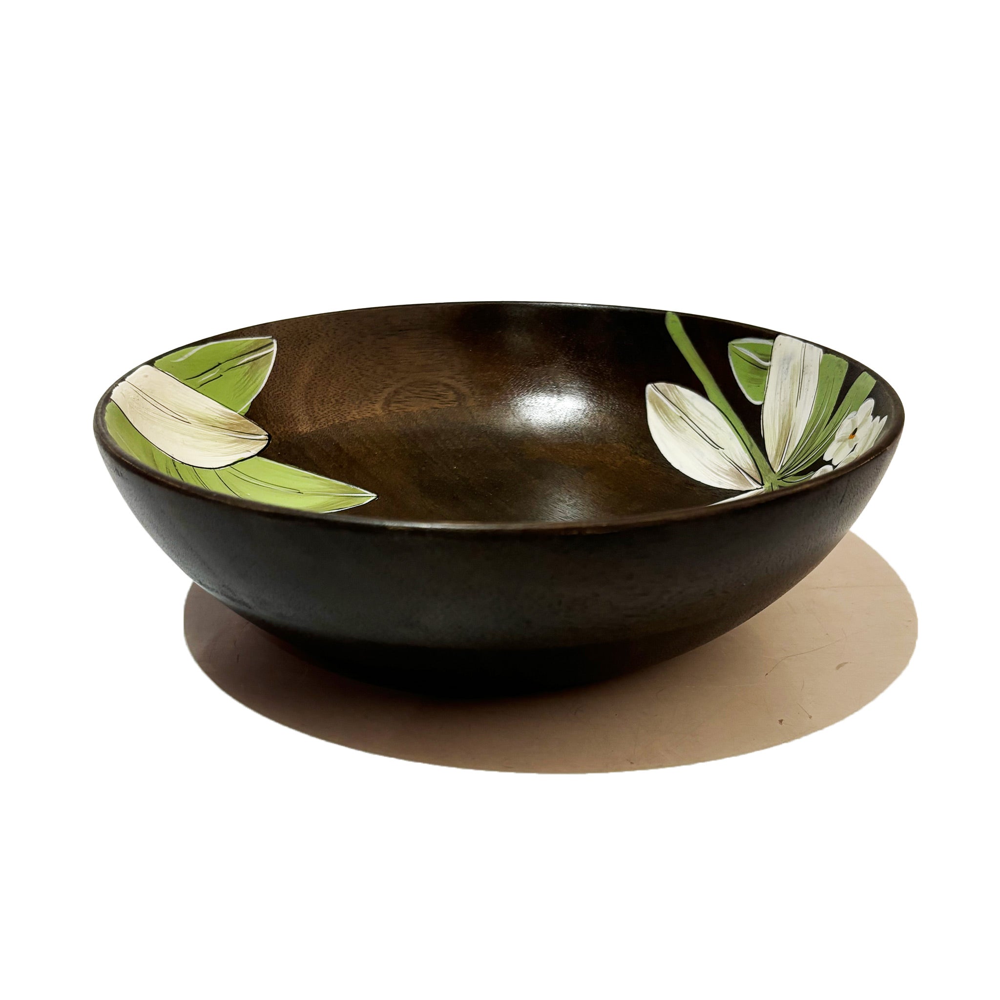 Dark Wooden Bowl with Floral Accents