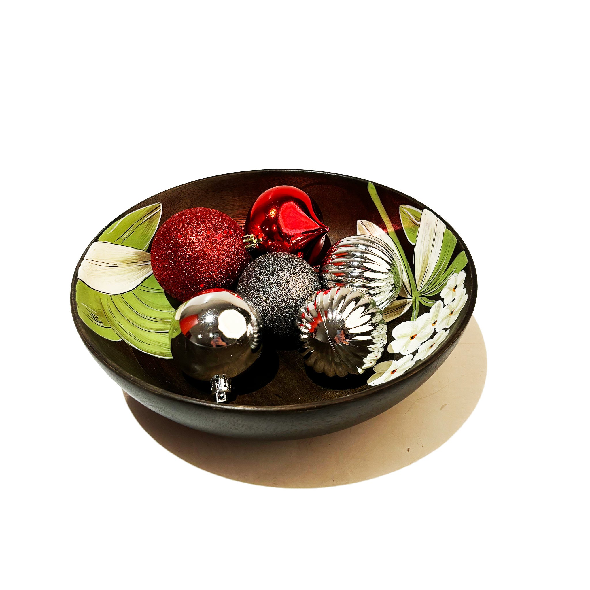 Dark Wooden Bowl with Floral Accents