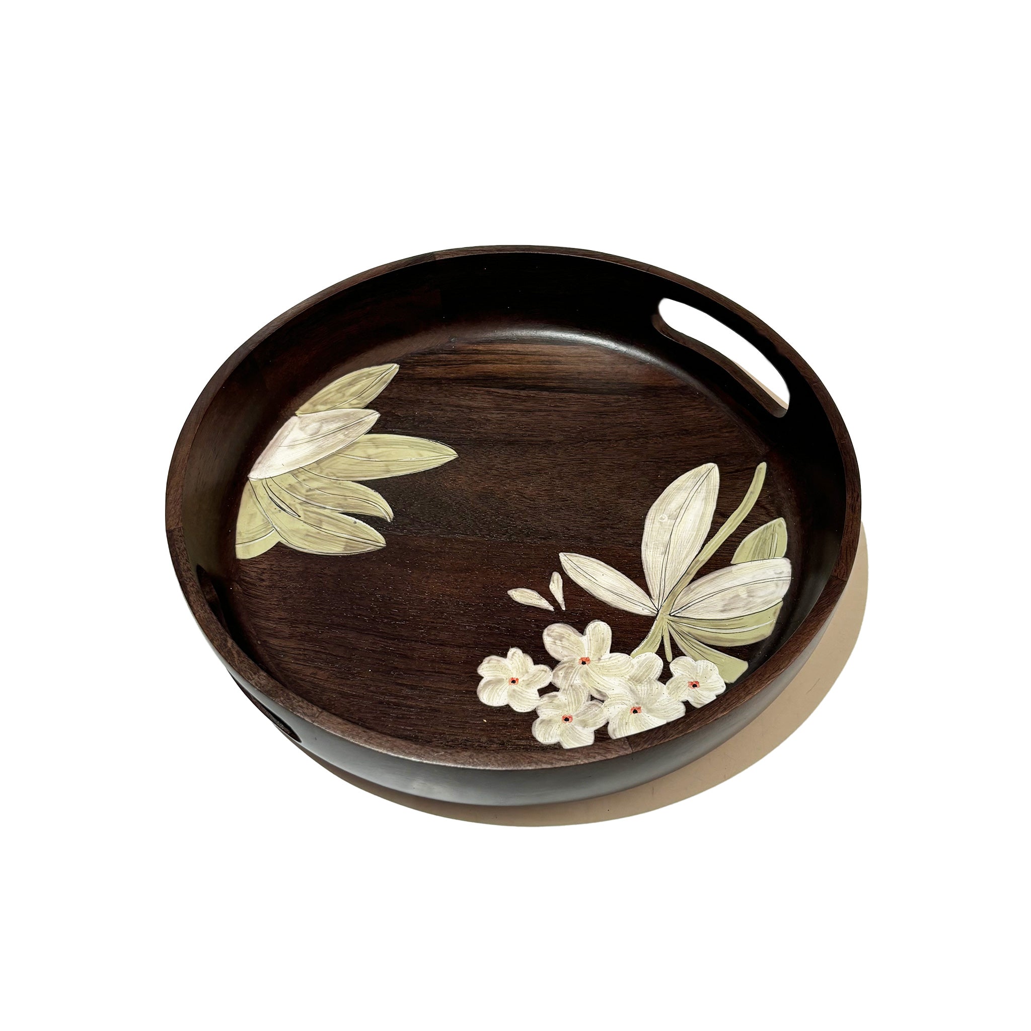 Round Wooden Tray with Floral Accents