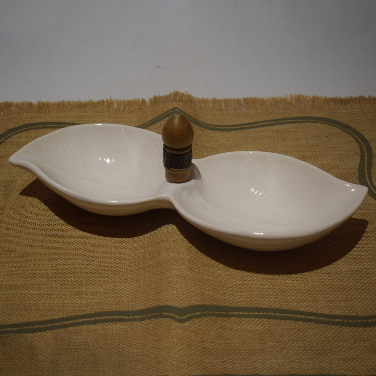 Handmade Fluted Serving Tray – Divided Bowls with Wooden Handle