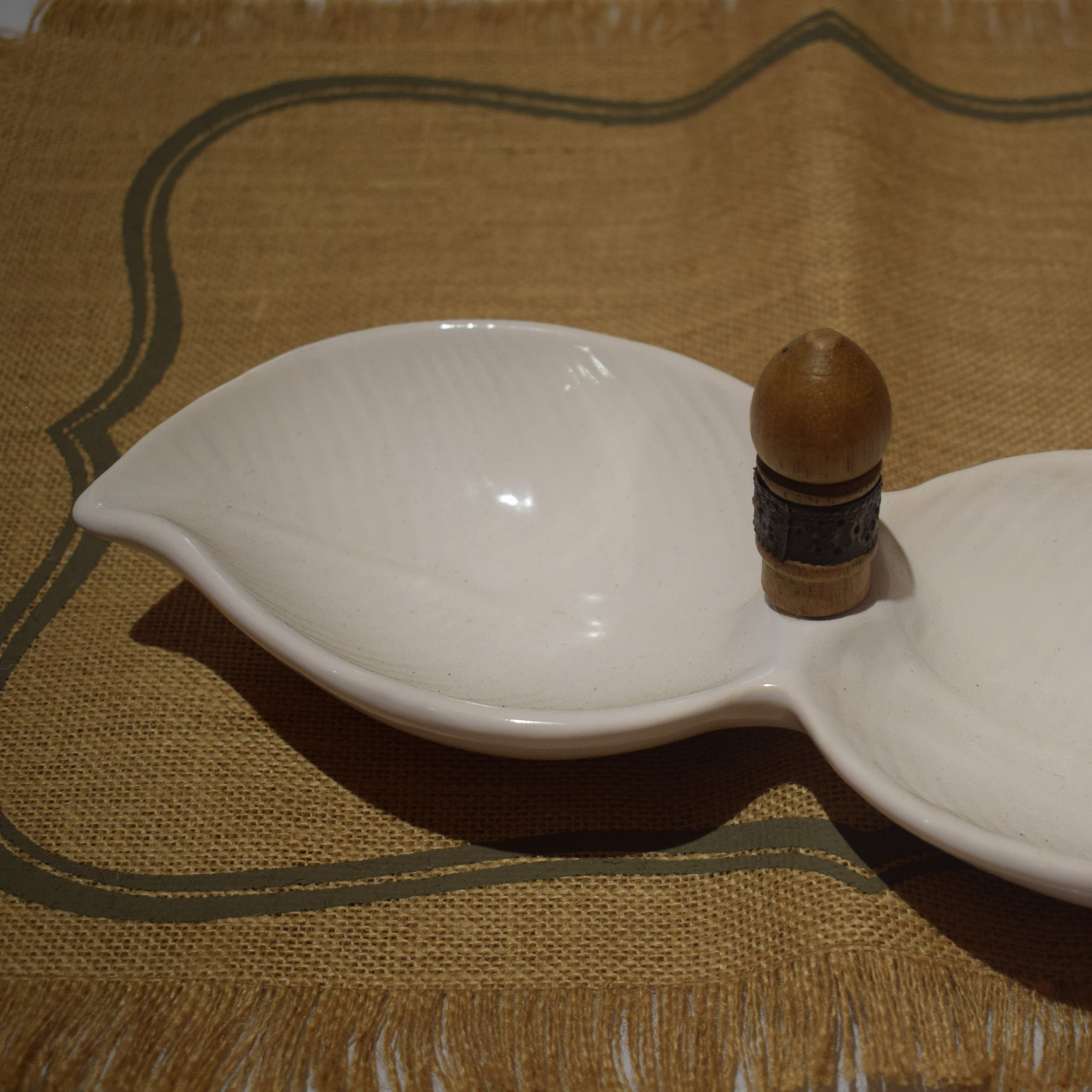 Handmade Fluted Serving Tray – Divided Bowls with Wooden Handle