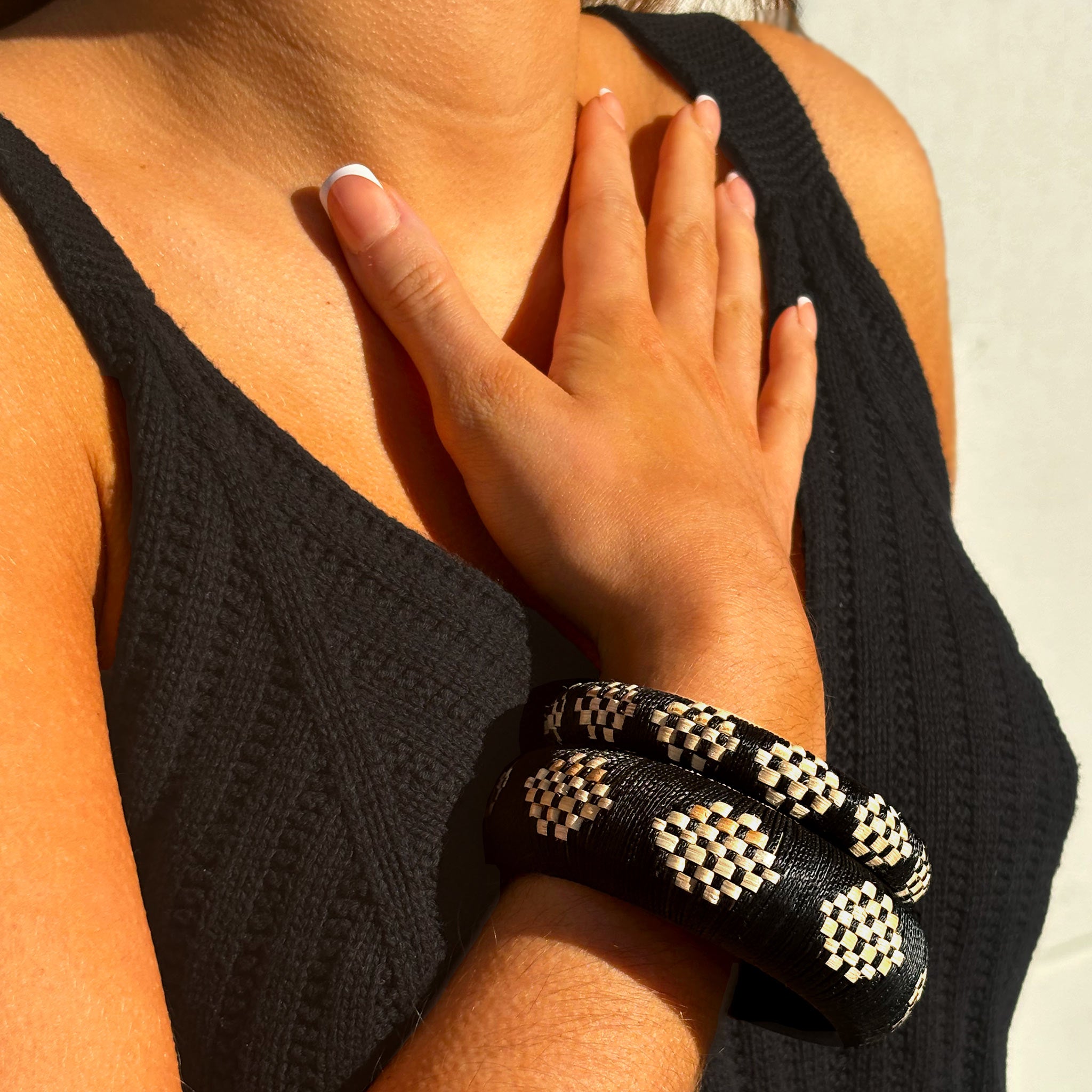 Easha Bangle Set - Bold Black-and-White Hand-Woven Rattan and Cotton