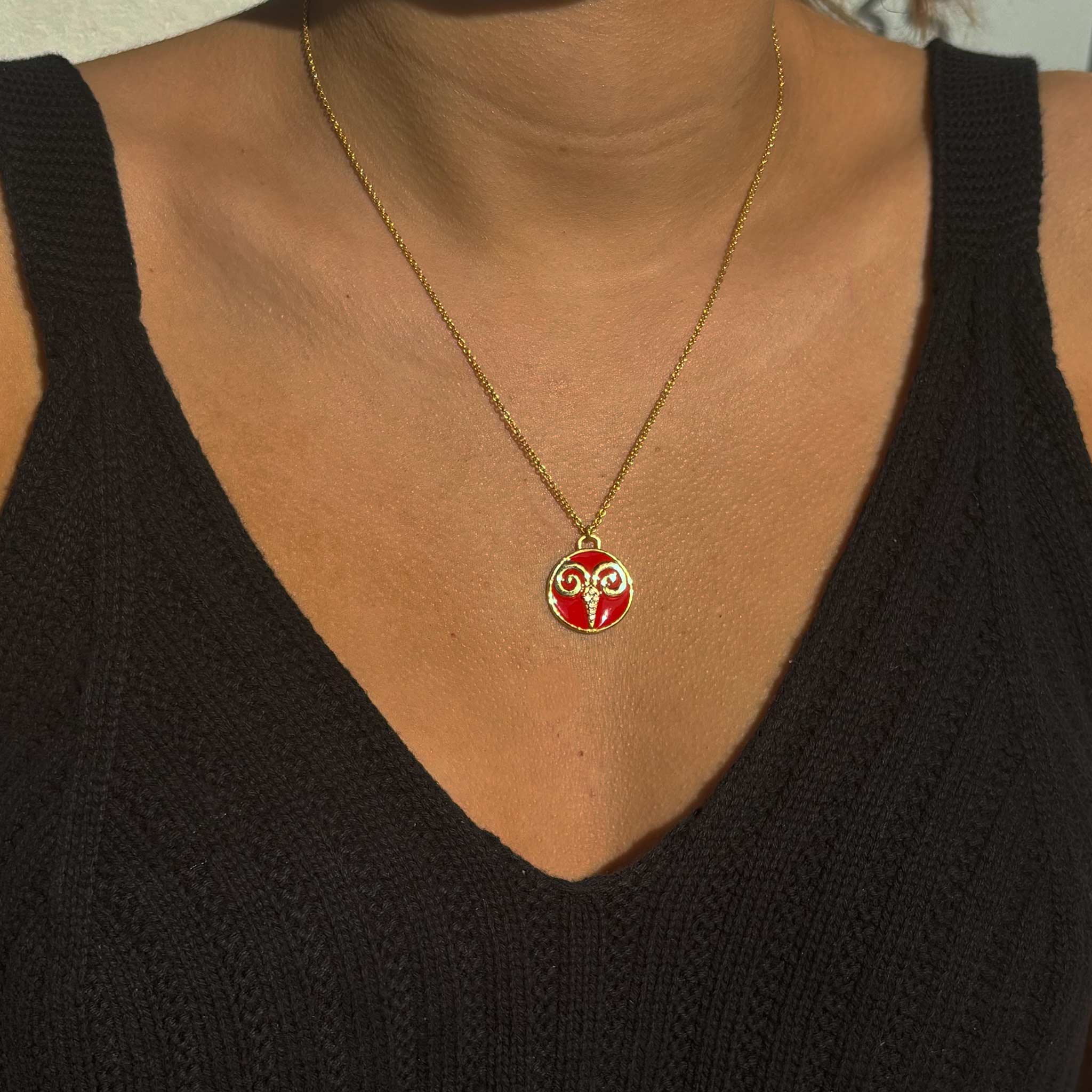 Celestial Aries Necklace – Gold Ram with Dazzling Red Enamel