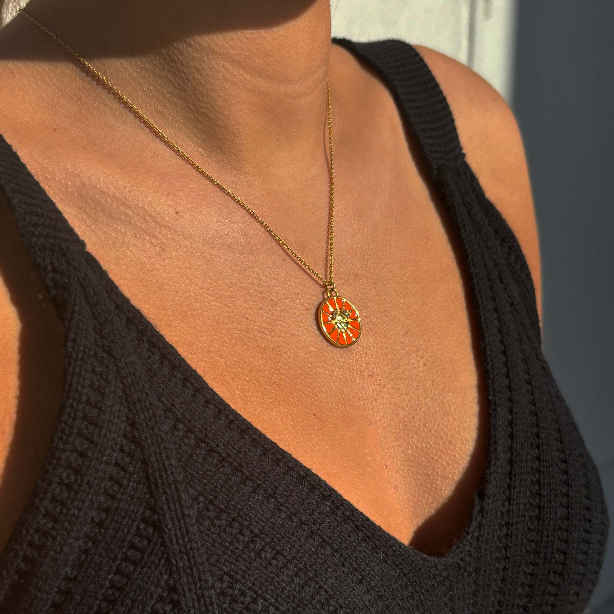 Celestial Leo Necklace – Gold Lion with Dazzling Orange Enamel