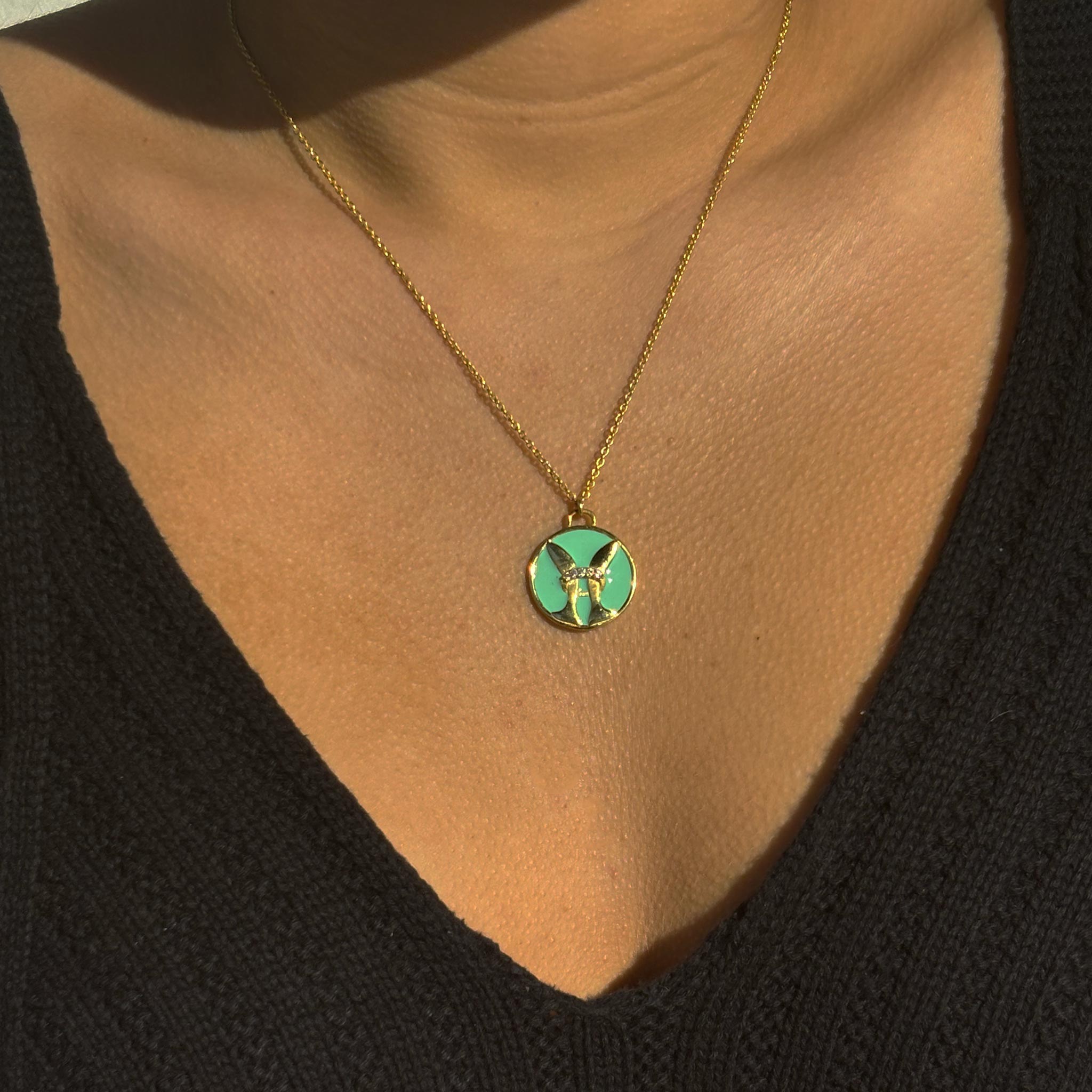 Celestial Pisces Necklace – Gold Fish with Seafoam Green Enamel