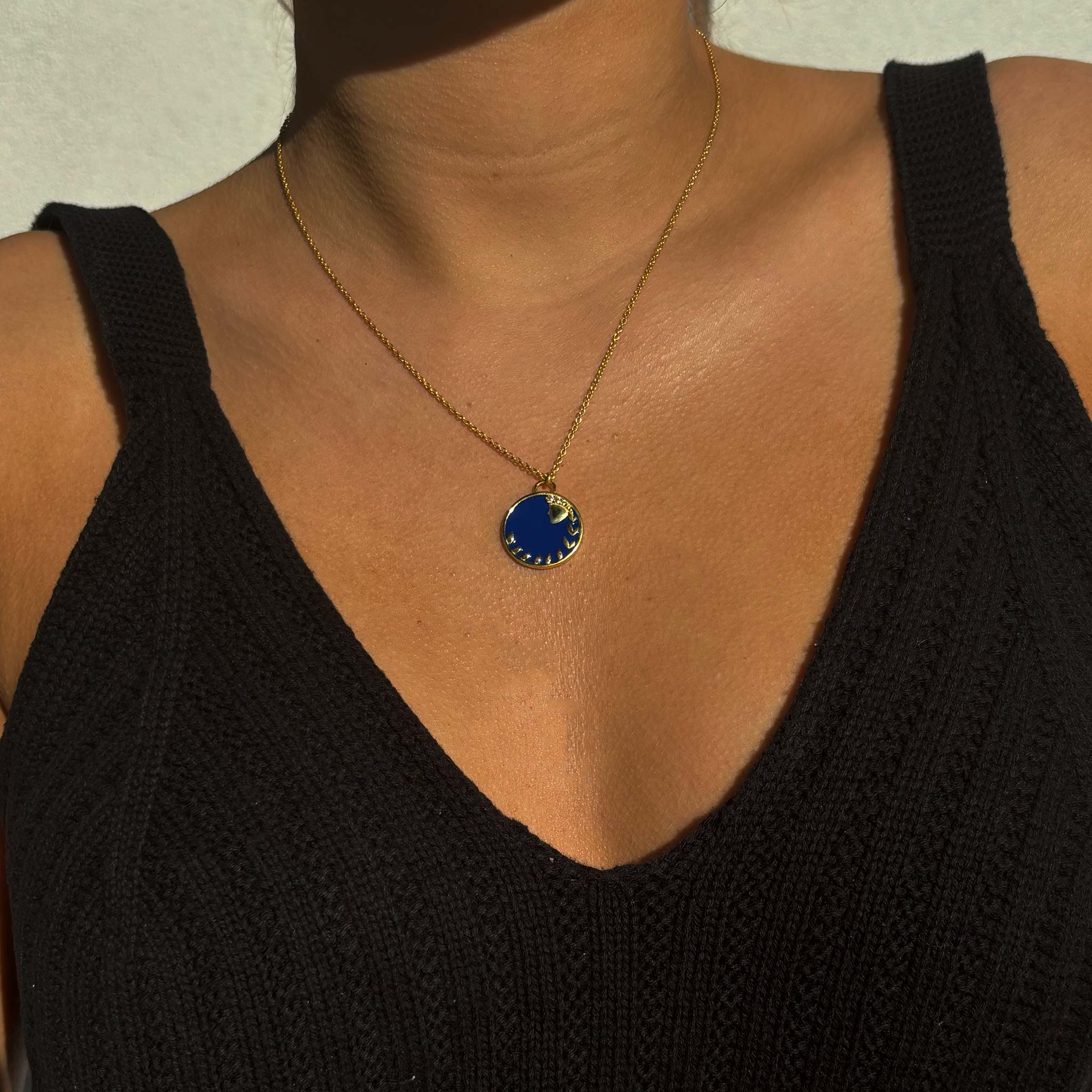 Celestial Virgo Necklace – Gold Virgin Symbol with Blue Enamel