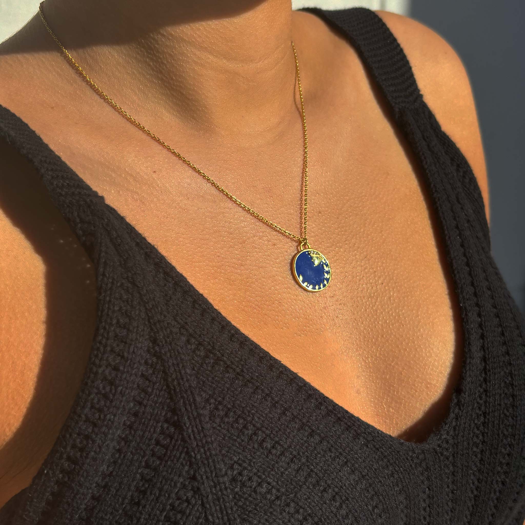 Celestial Virgo Necklace – Gold Virgin Symbol with Blue Enamel