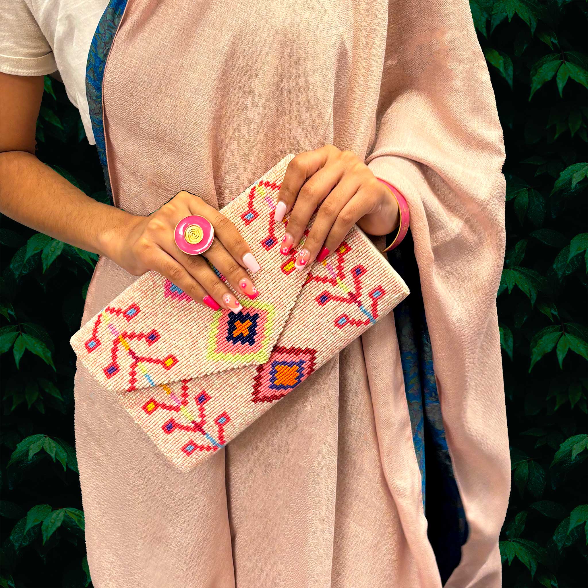 Guptra Clutch - Vibrant Tribal Designs with Handmade Beads and Gold Chain