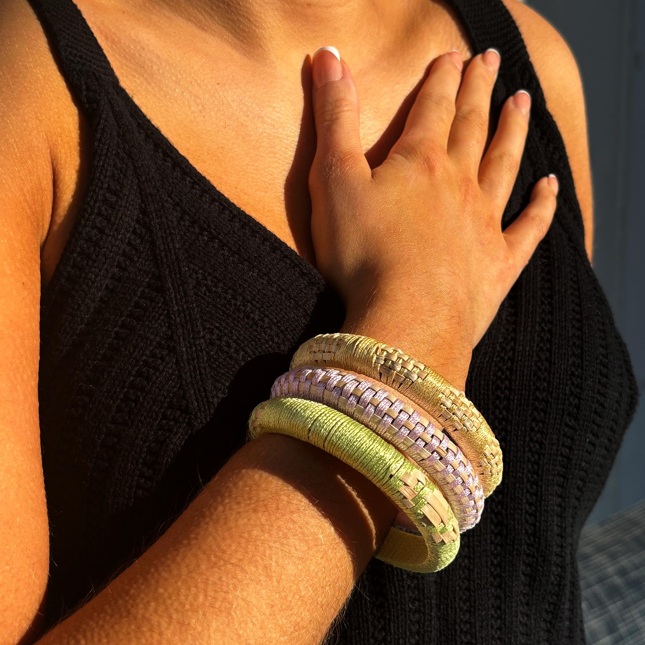 Kakoli Bangle Set - Vibrant Pastel Trio Hand-Woven with Cotton and Rattan