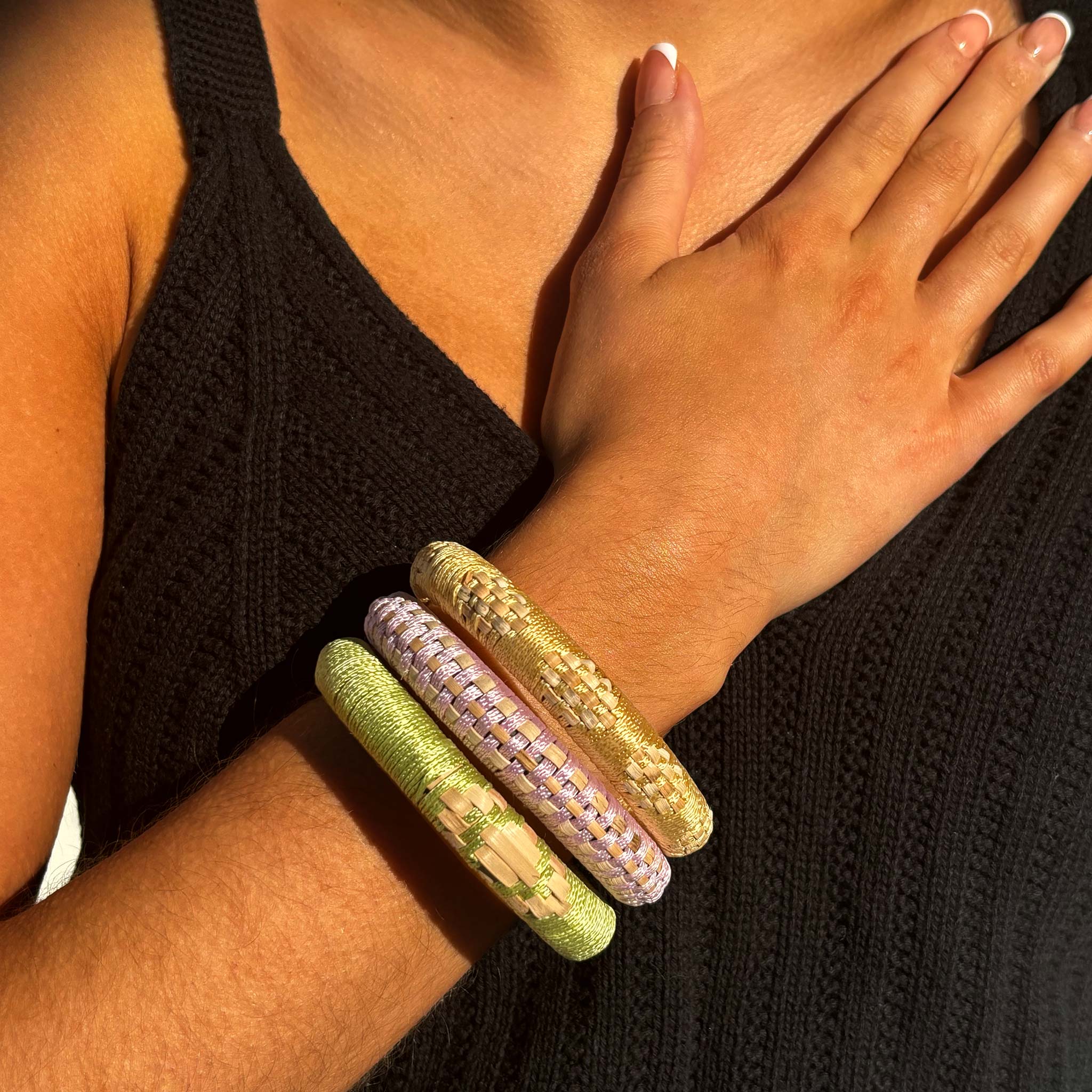 Kakoli Bangle Set - Vibrant Pastel Trio Hand-Woven with Cotton and Rattan