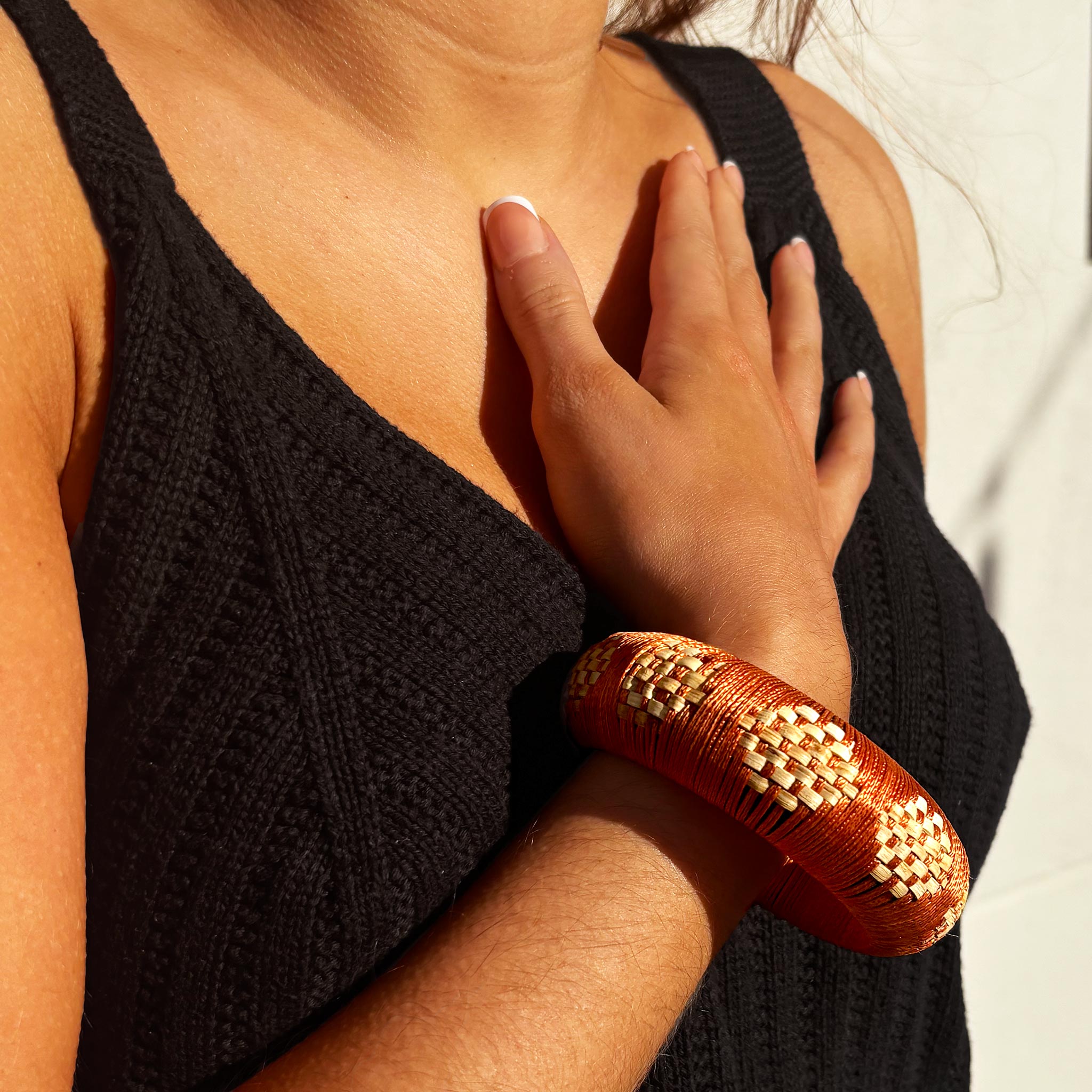 Lalika Hand-Woven Bangle - Vibrant Orange Cotton with Natural Rattan Contrast