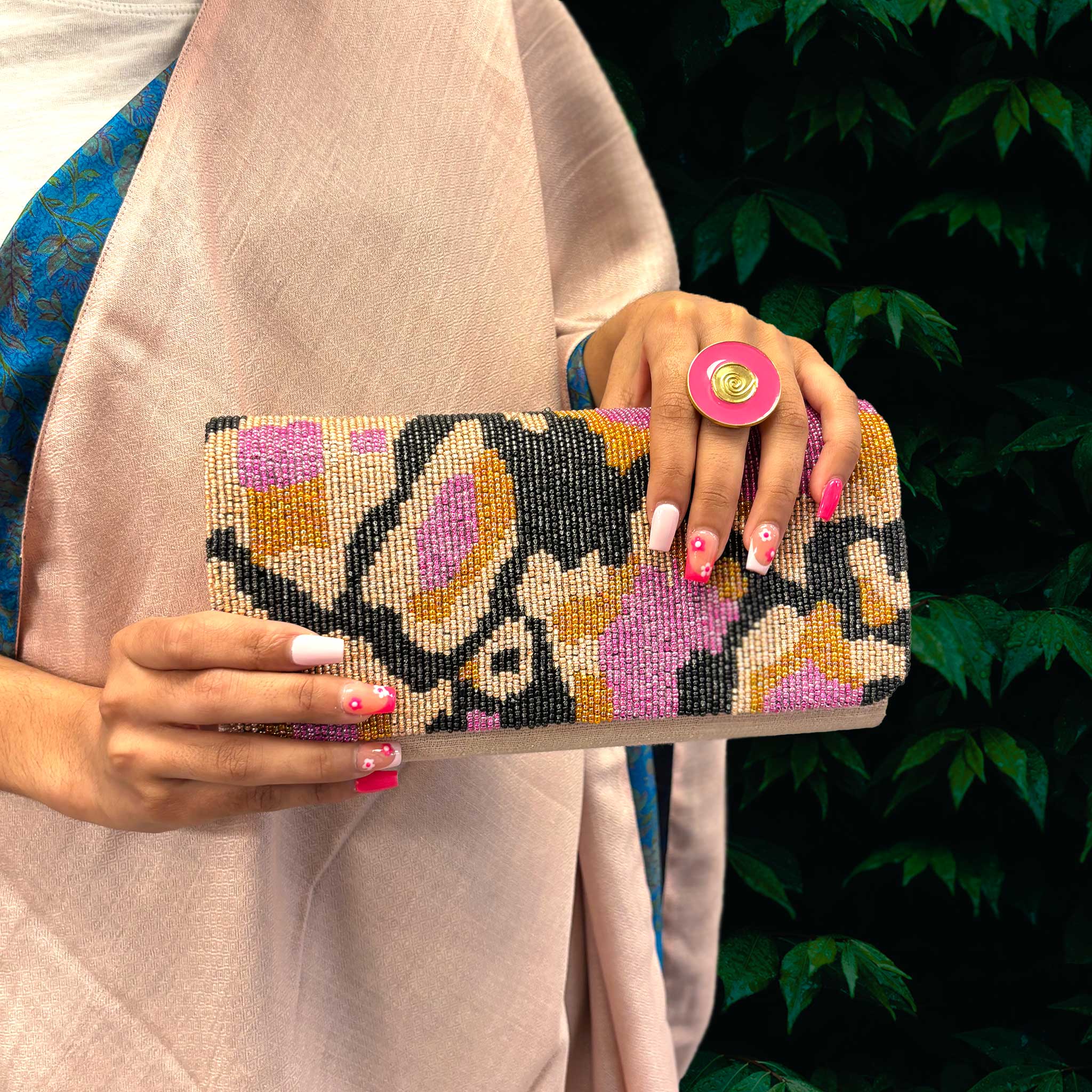 Maratha Clutch - Sophisticated Hand-Beaded Design in Pink, Orange, Charcoal