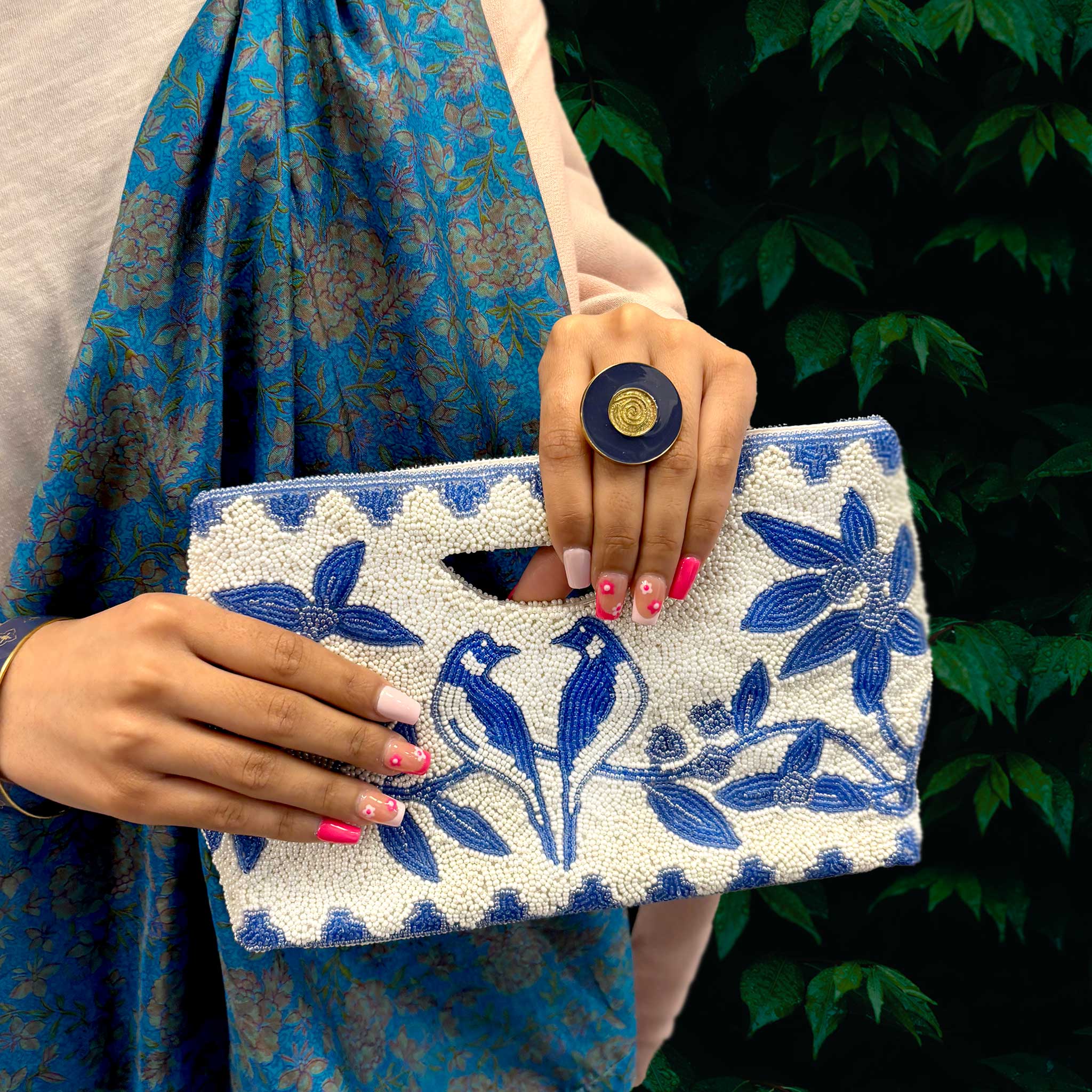 Mewer Clutch Classic Blue-and-White with Beaded Floral and Bird Design