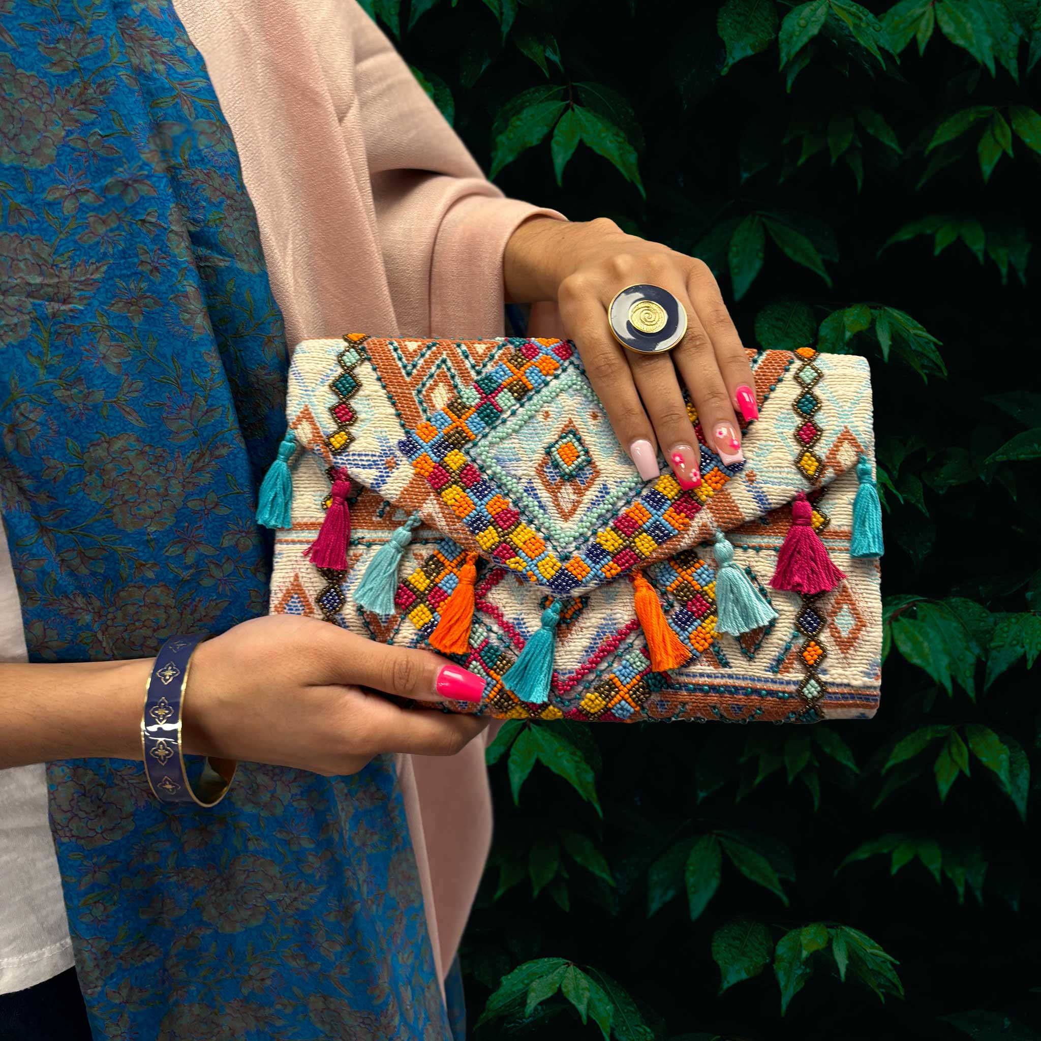 Pallava Clutch - Textured Fringe and Beadwork with Dynamic Design