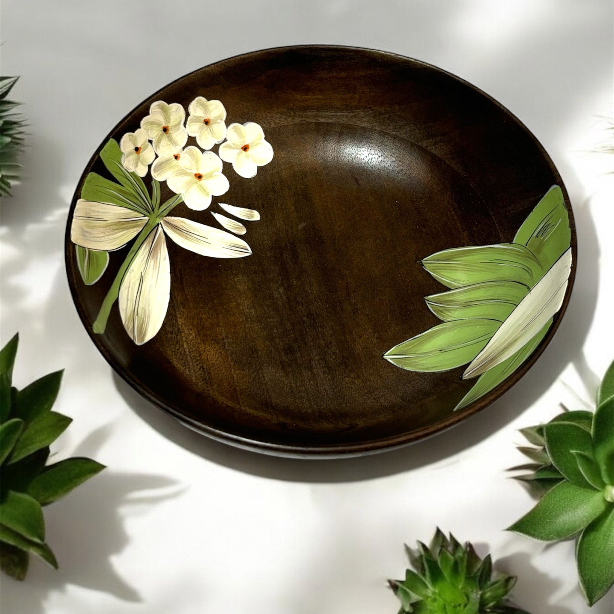 Dark Wooden Bowl with Floral Accents