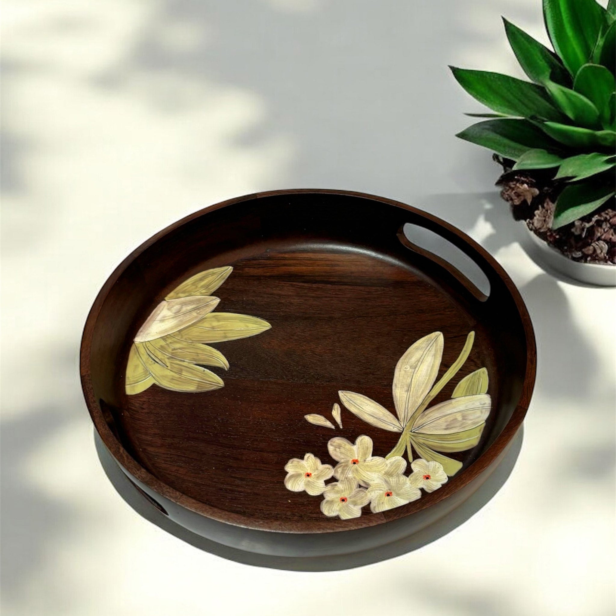 Round Wooden Tray with Floral Accents