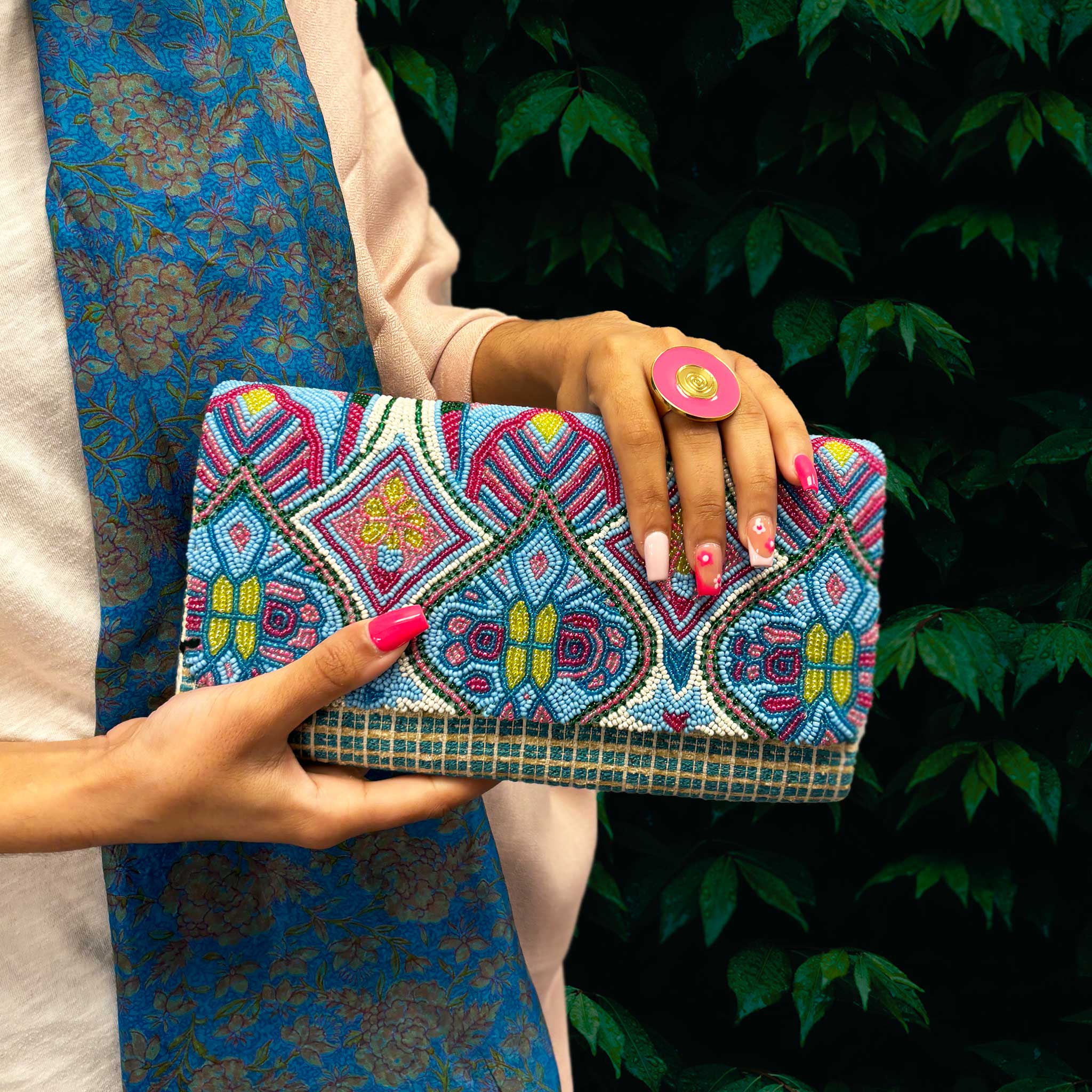 Pratap Clutch - Vibrant Beadwork with Silver Chain by Indian Artisans