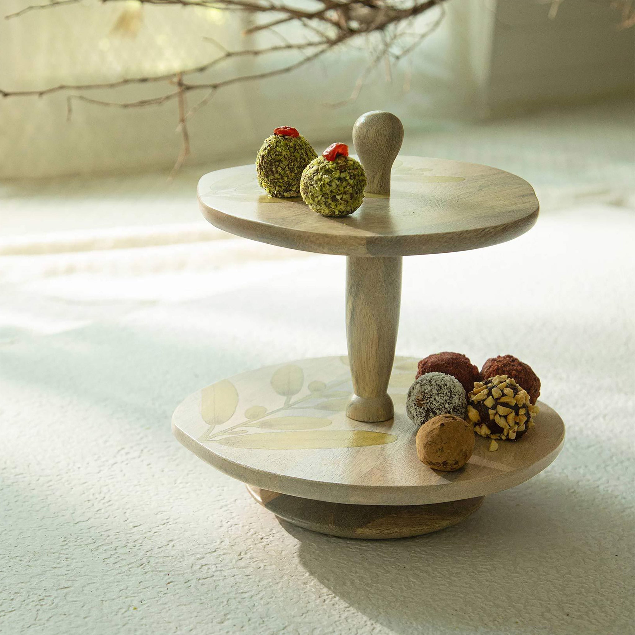 Floral Wooden Cake Stand 2-Tier