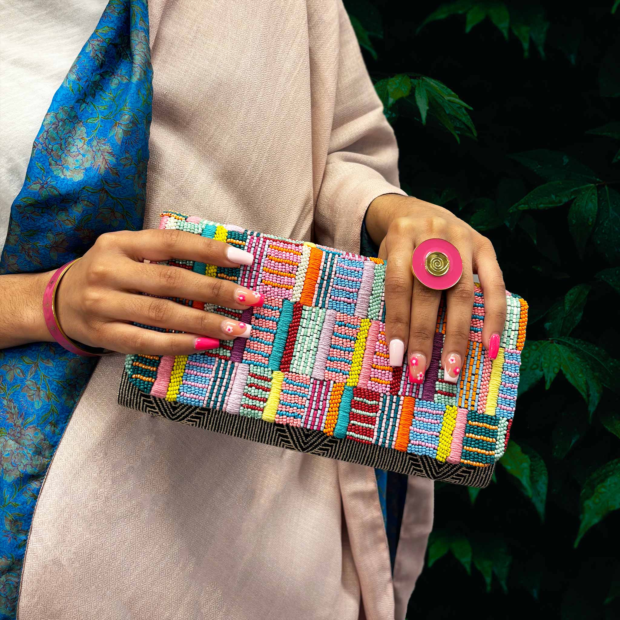 Sikh Clutch with Striped Beaded Woven Raffia