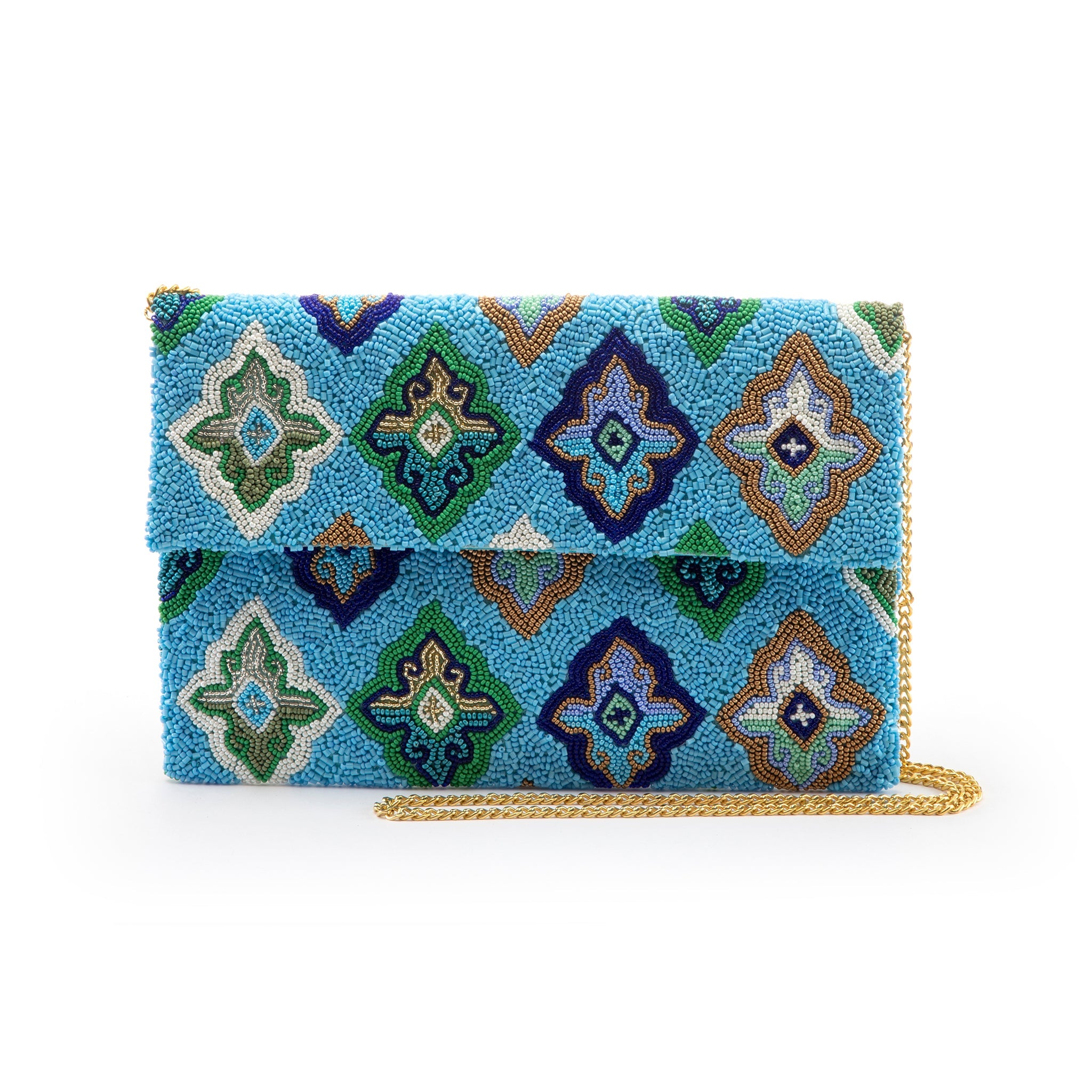 Maurya Hand-Beaded Clutch Turquoise Elegance with Diamond-Shaped Accents