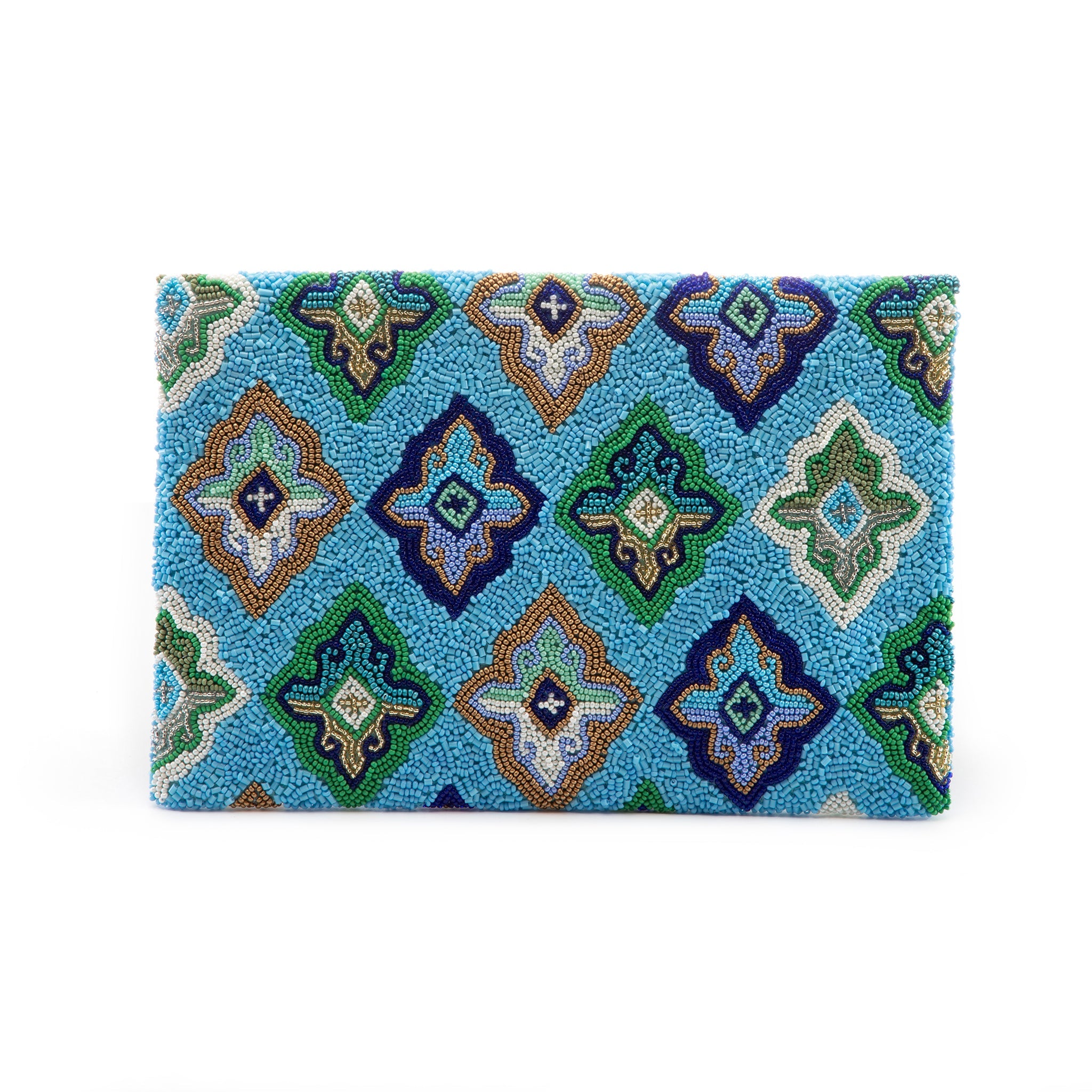 Maurya Hand-Beaded Clutch Turquoise Elegance with Diamond-Shaped Accents