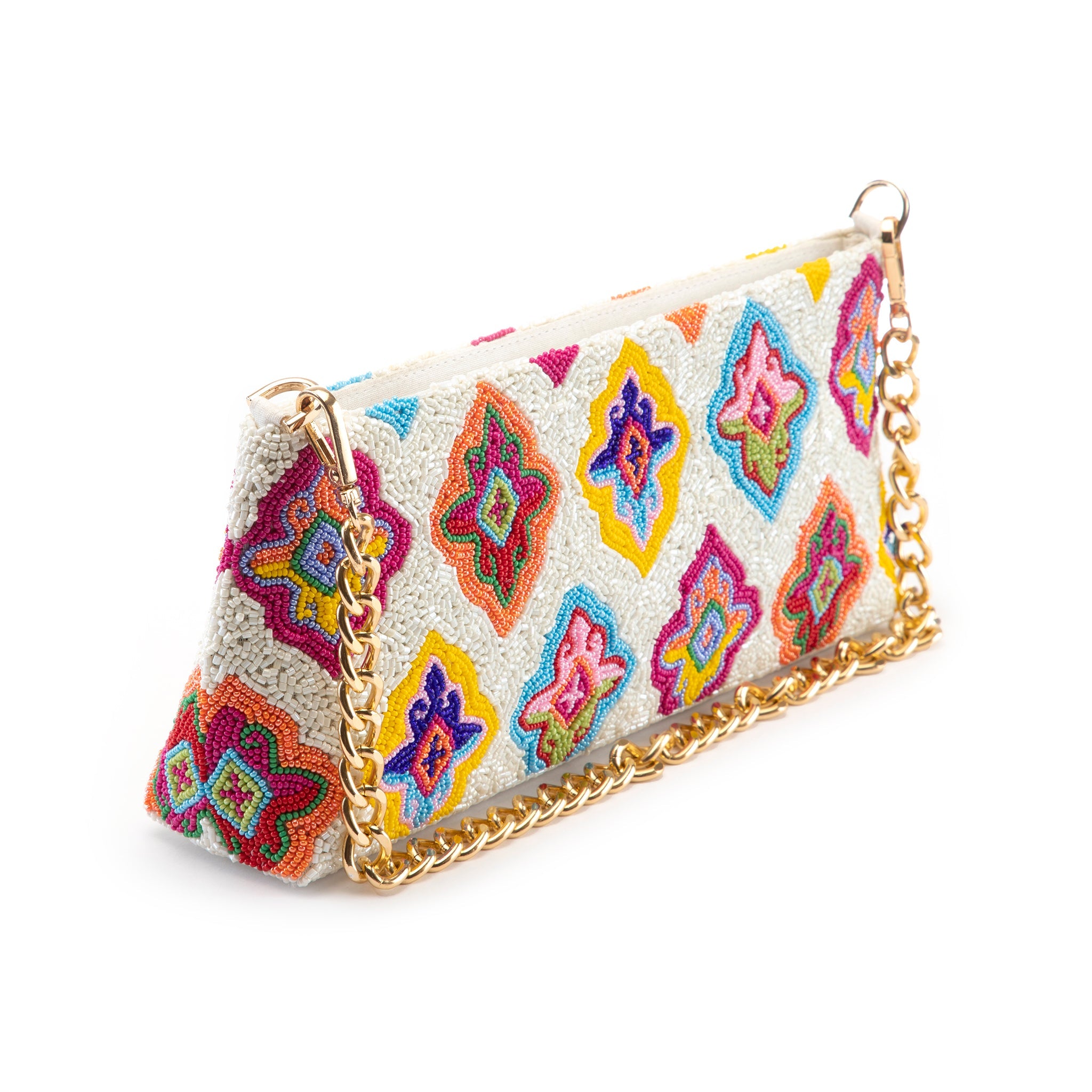 Ashoka Clutch - Bright Beaded Diamonds and Gold Chain, Summer Ready