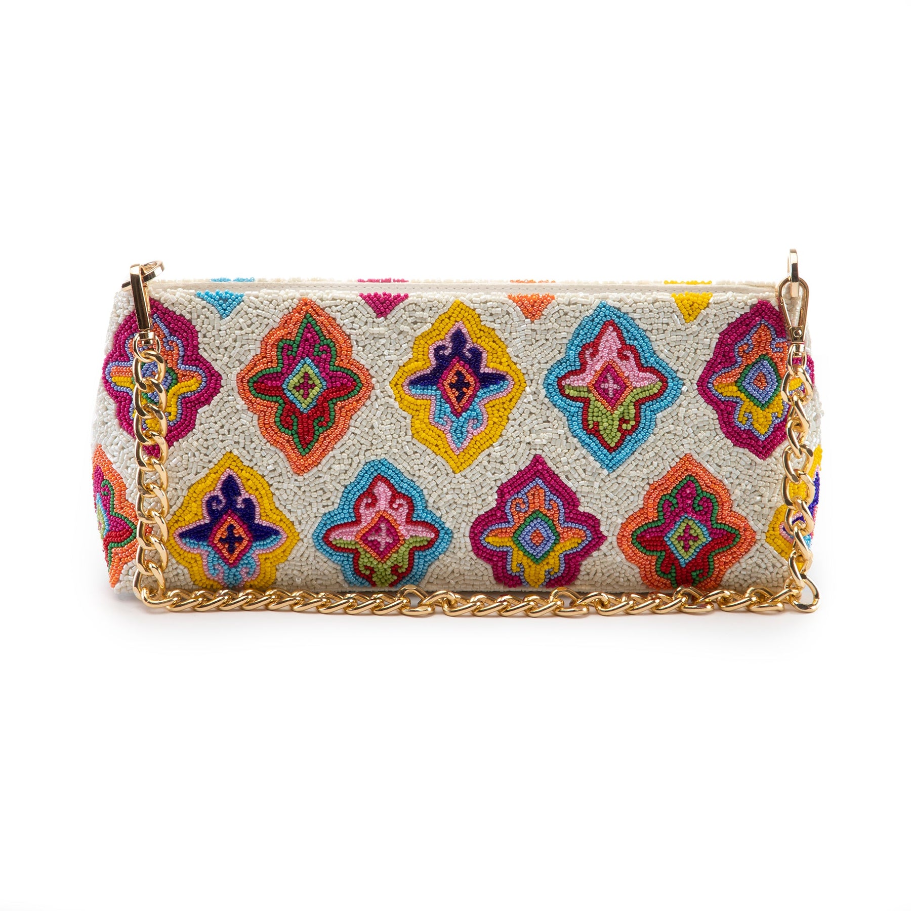 Ashoka Clutch - Bright Beaded Diamonds and Gold Chain, Summer Ready