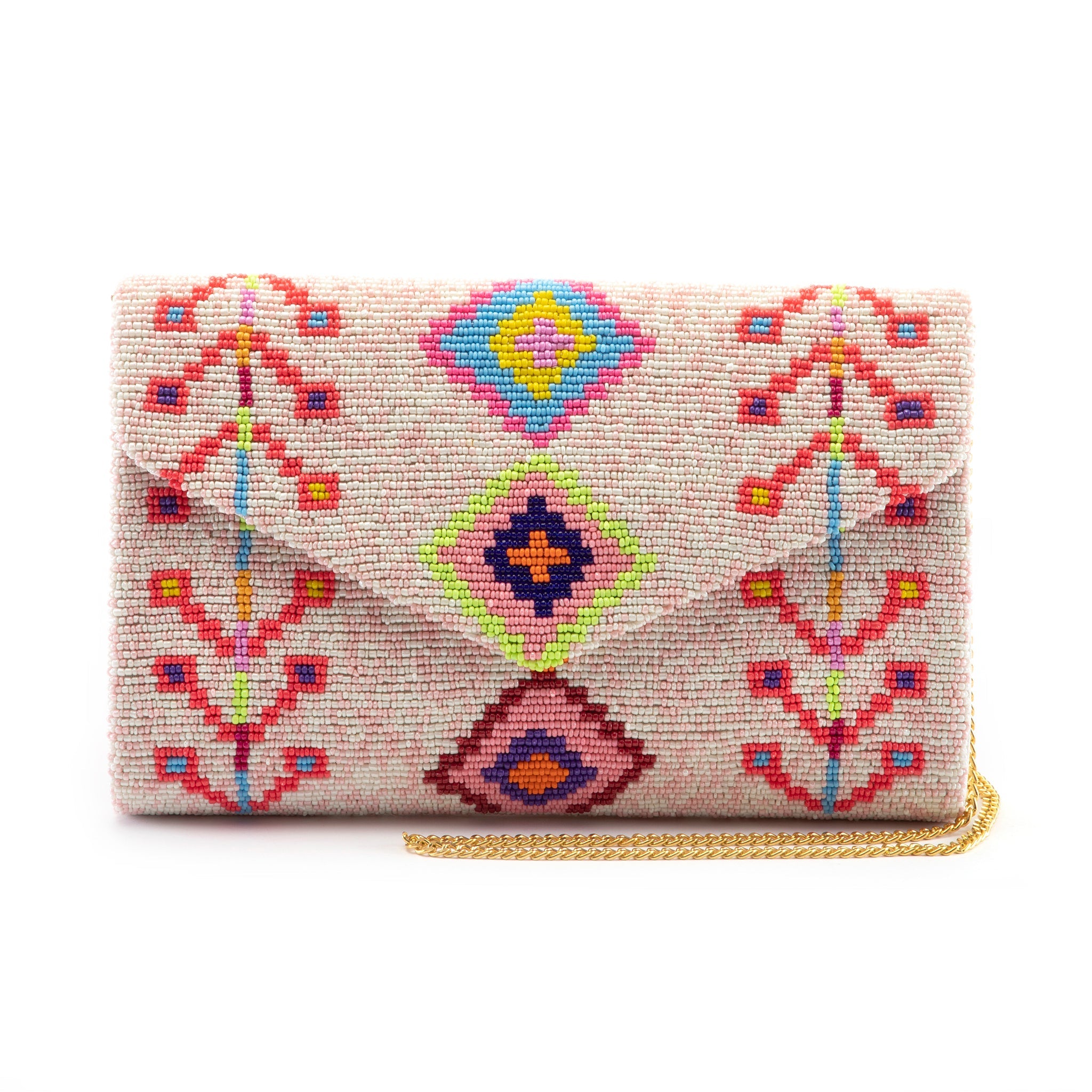 Guptra Clutch - Vibrant Tribal Designs with Handmade Beads and Gold Chain