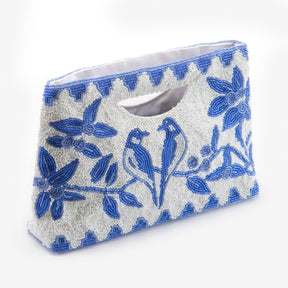 Mewer Clutch Classic Blue-and-White with Beaded Floral and Bird Design