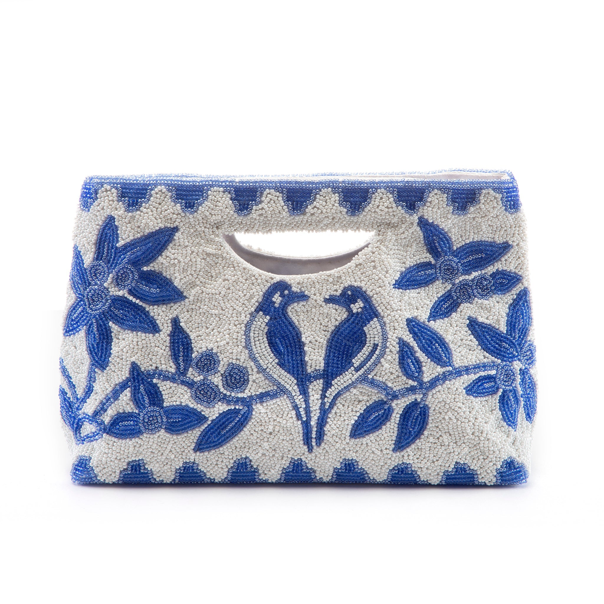 Mewer Clutch Classic Blue-and-White with Beaded Floral and Bird Design