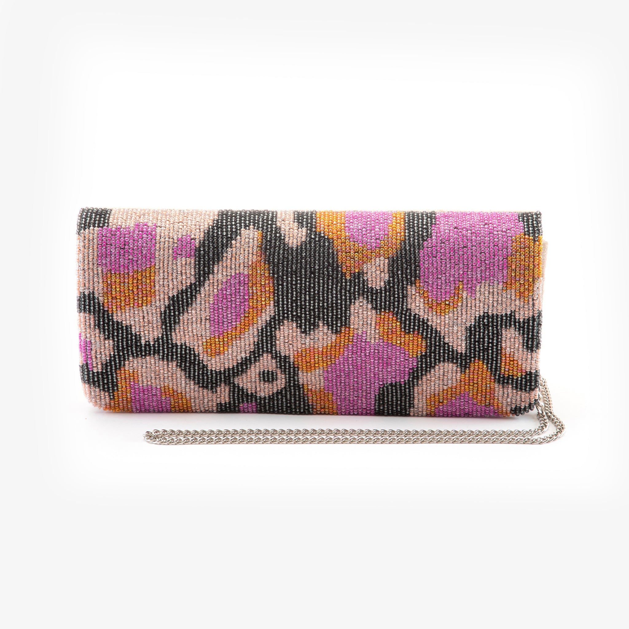 Maratha Clutch - Sophisticated Hand-Beaded Design in Pink, Orange, Charcoal