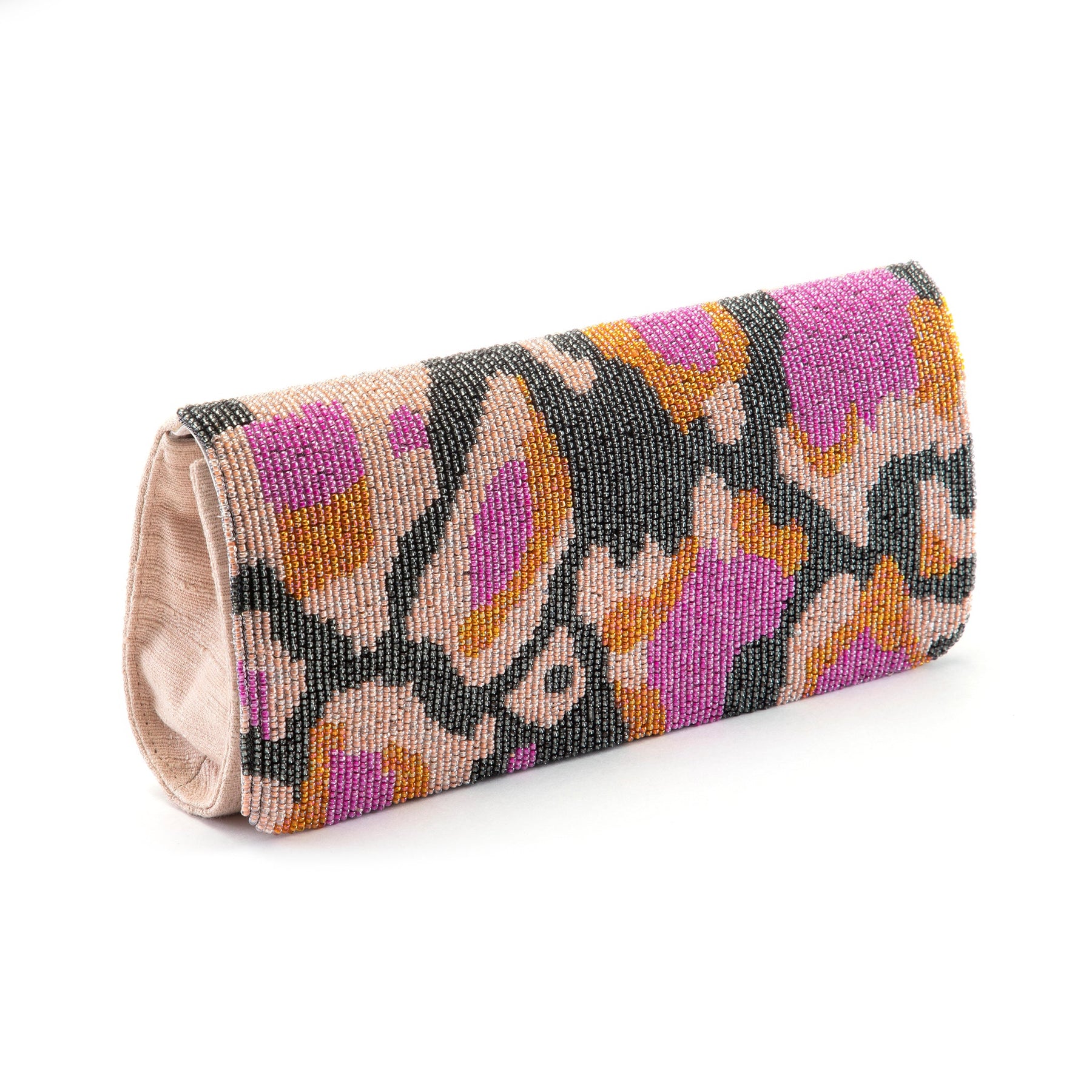 Maratha Clutch - Sophisticated Hand-Beaded Design in Pink, Orange, Charcoal