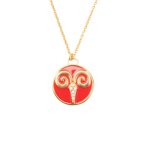 Celestial Aries Necklace – Gold Ram with Dazzling Orange Enamel