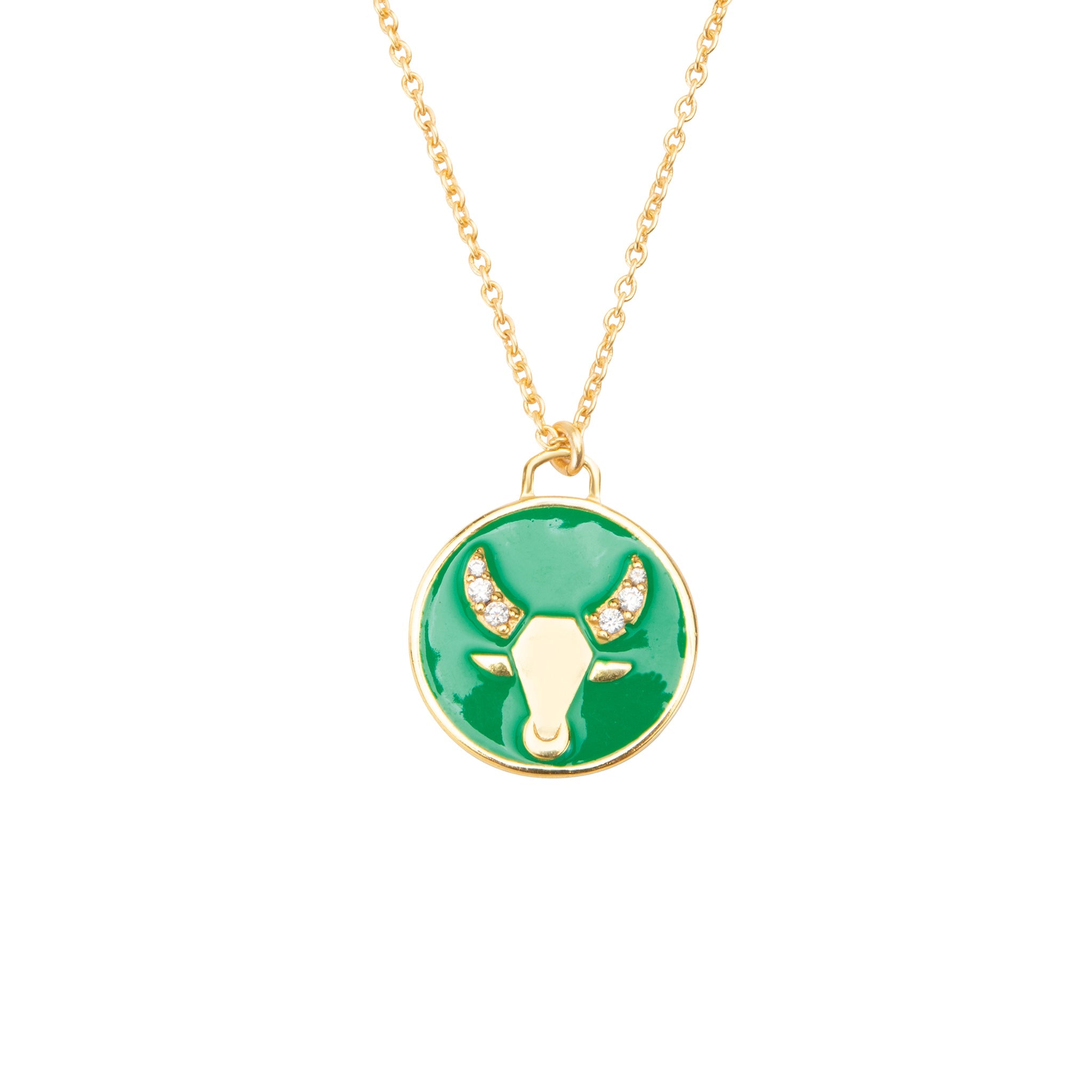 Celestial Taurus Necklace – Gold Bull with Emerald Enamel Brilliance