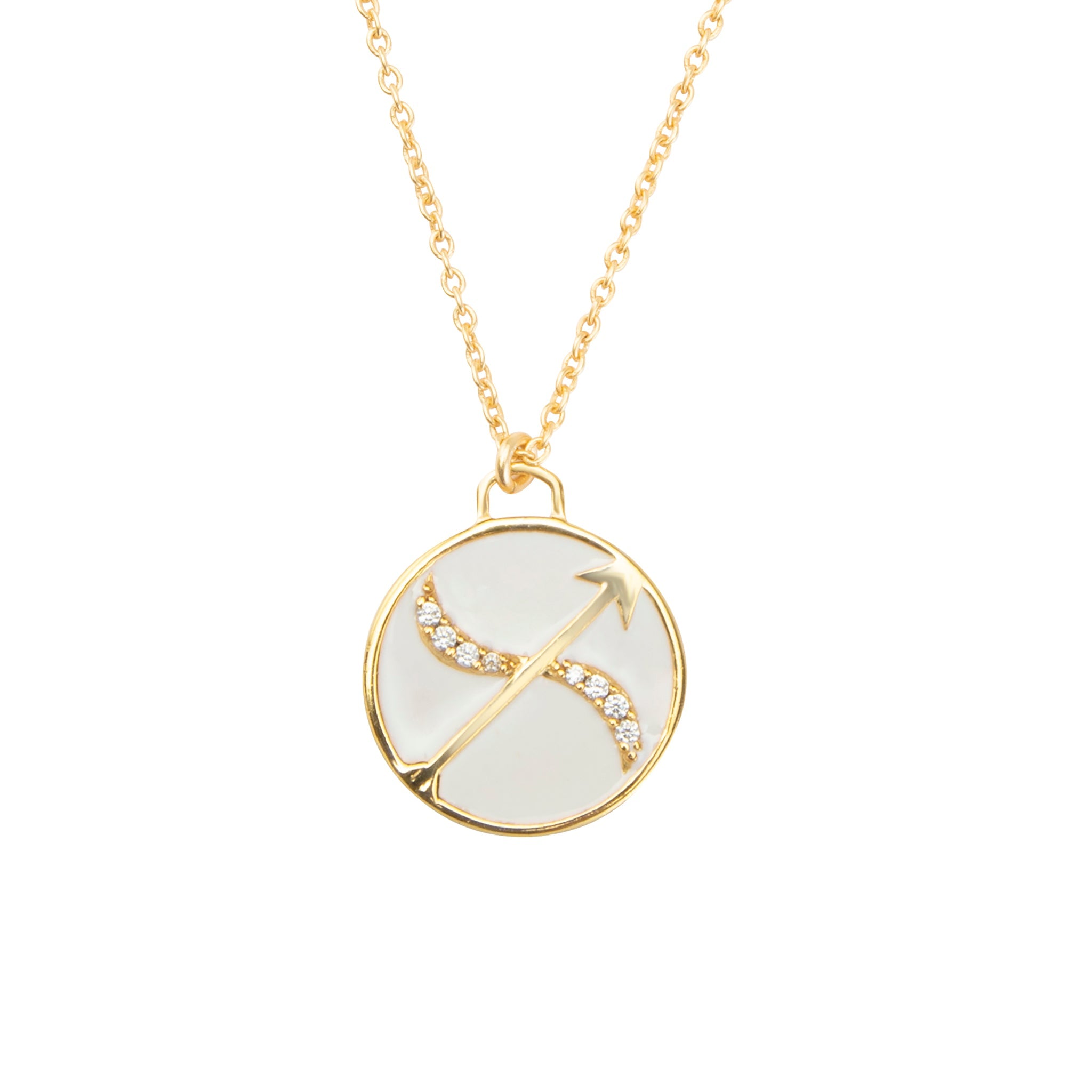 Celestial Sagittarius Necklace – Gold Archer with Ivory Enamel Dazzle