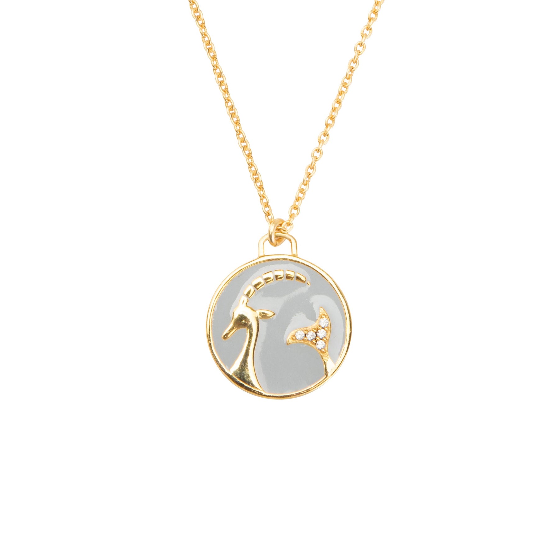 Celestial Capricorn Necklace – Gold Goat with Cool Gray Enamel