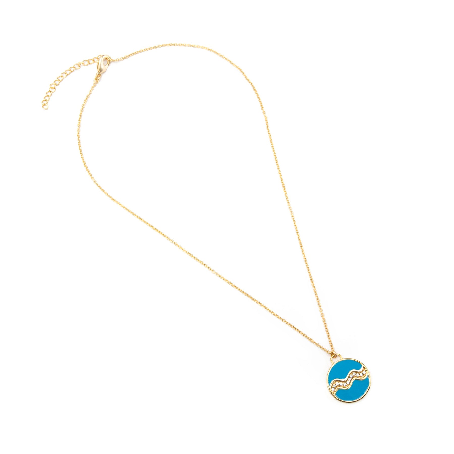 Celestial Aquarius Necklace – Gold Water Bearer with Aqua Blue Enamel