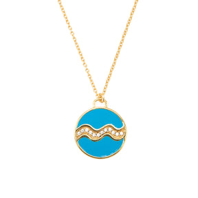 Celestial Aquarius Necklace – Gold Water Bearer with Aqua Blue Enamel