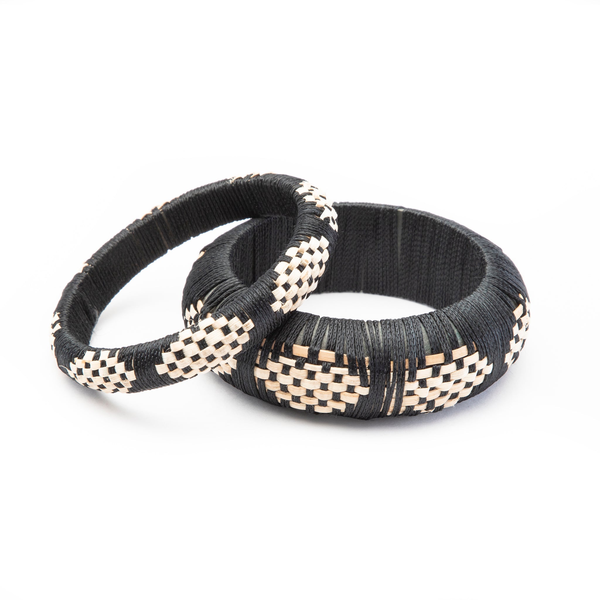 Easha Bangle Set - Bold Black-and-White Hand-Woven Rattan and Cotton