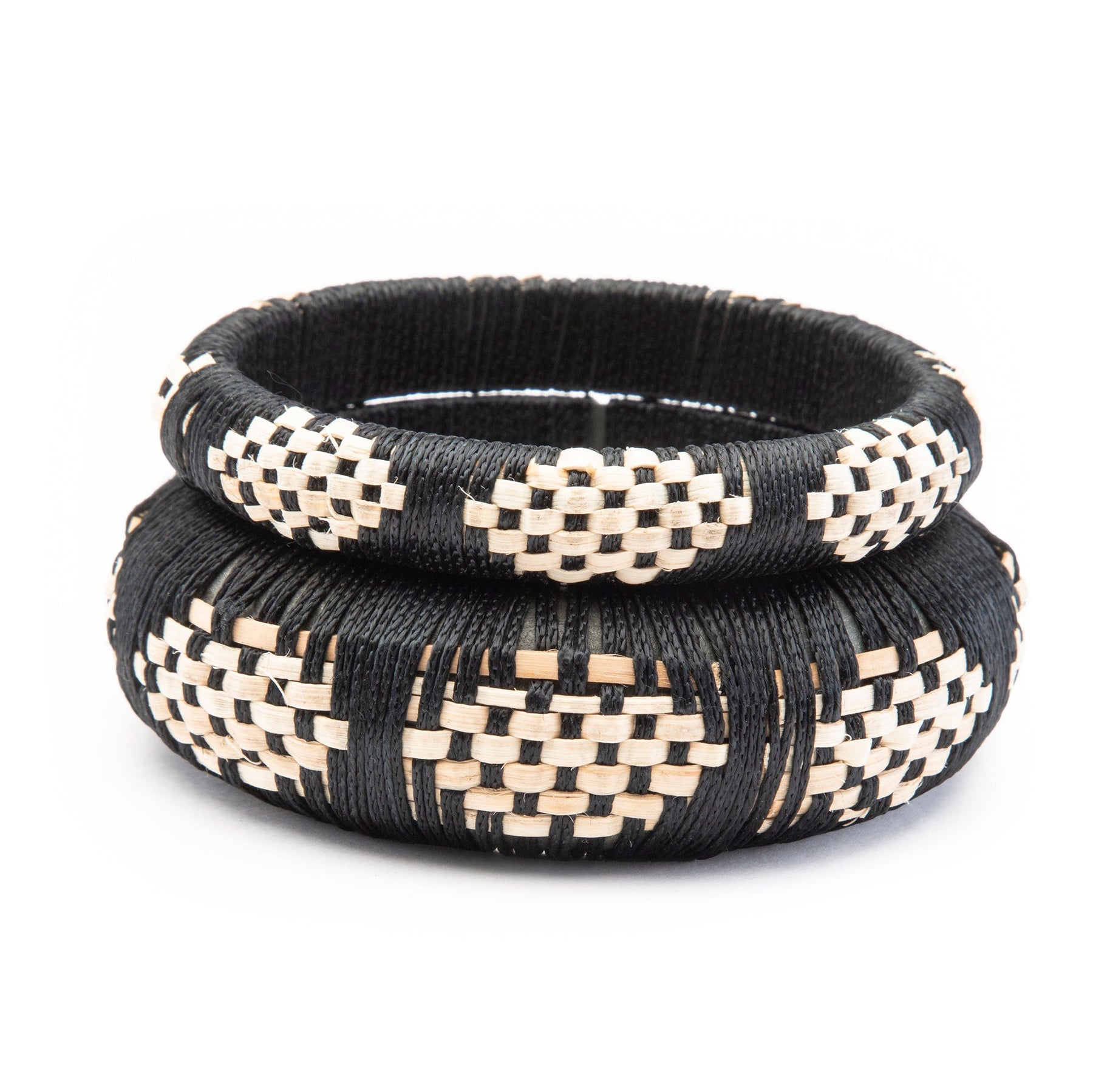 Easha Bangle Set - Bold Black-and-White Hand-Woven Rattan and Cotton